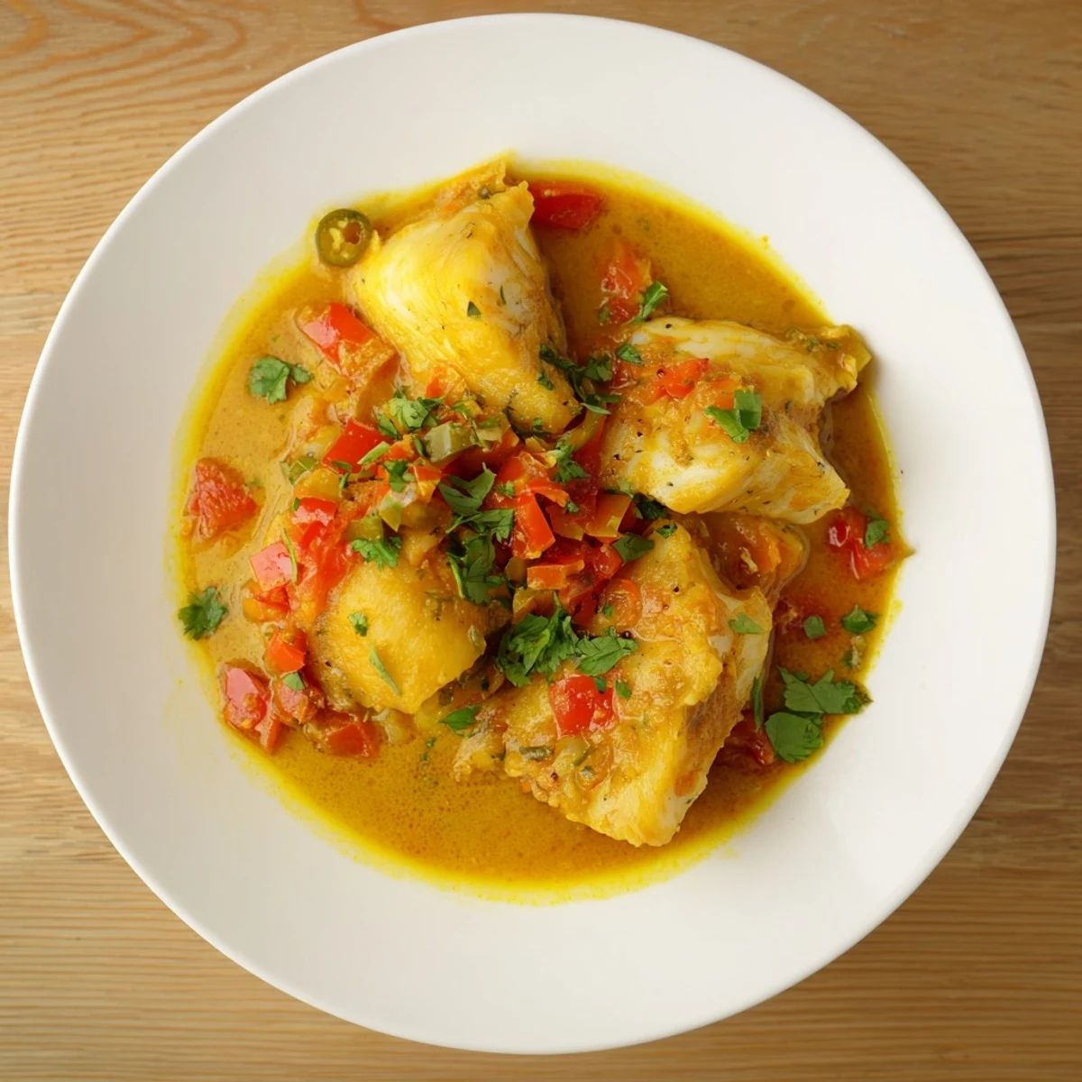 A steaming bowl of Bahraini Fish Curry, a fragrant Middle Eastern dish, ready to be served.
