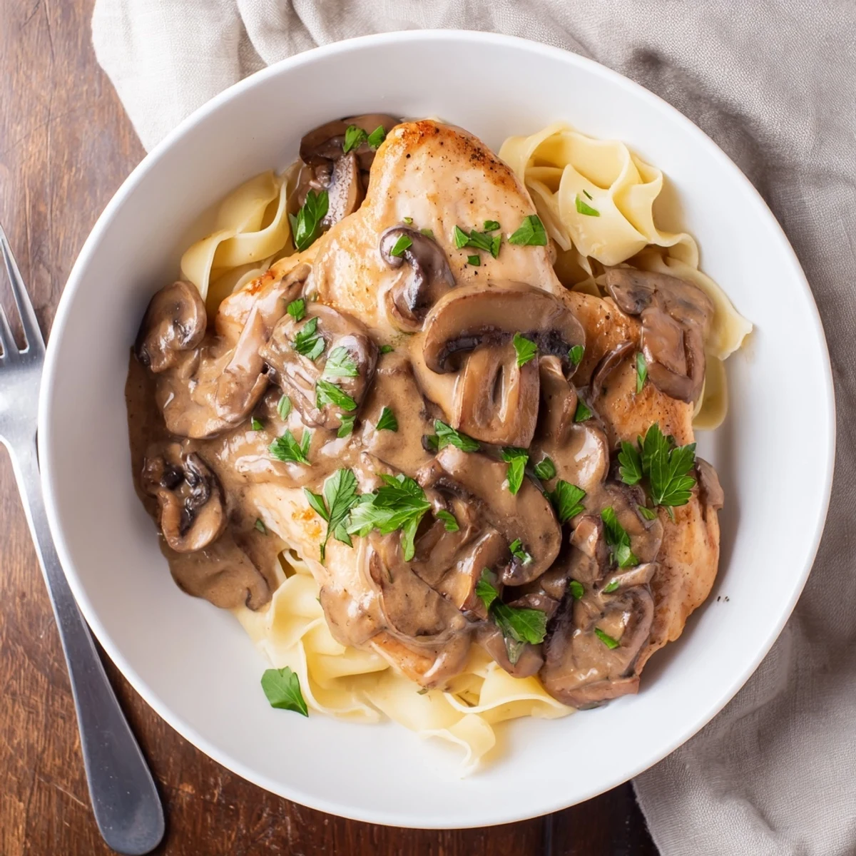 Goldbraun gebratene Hähnchenbrustfilets in cremiger Marsala-Sauce mit Pilzen und Petersilie garniert, serviert auf Spaghetti.