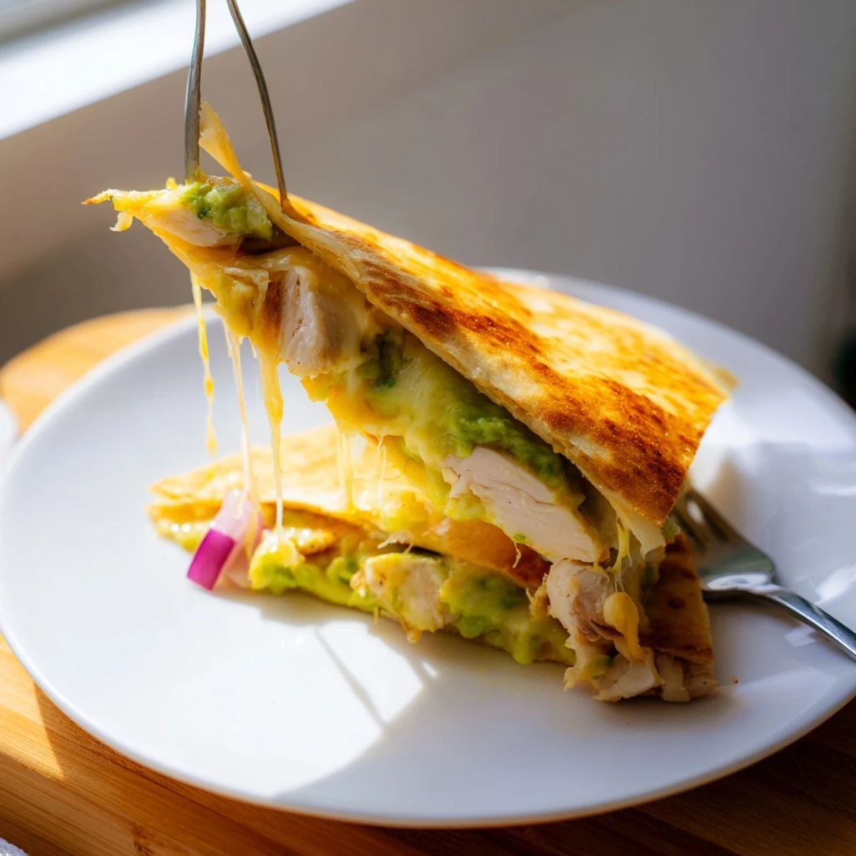 Crispy golden Chicken Avocado Quesadilla wedges stuffed with grilled chicken, creamy avocado mash, and melted cheese, served with lime and cilantro.