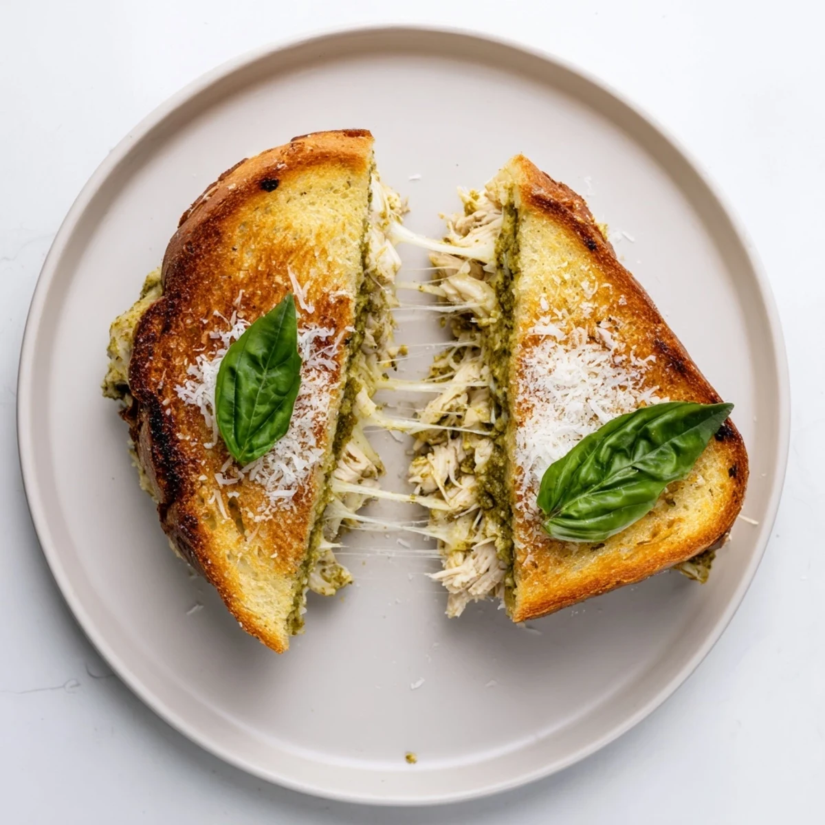 Goldene Mozzarella Pesto Chicken Grilled Cheese Sandwiches mit geschmolzenem Käse und frischen Basilikumblättern.