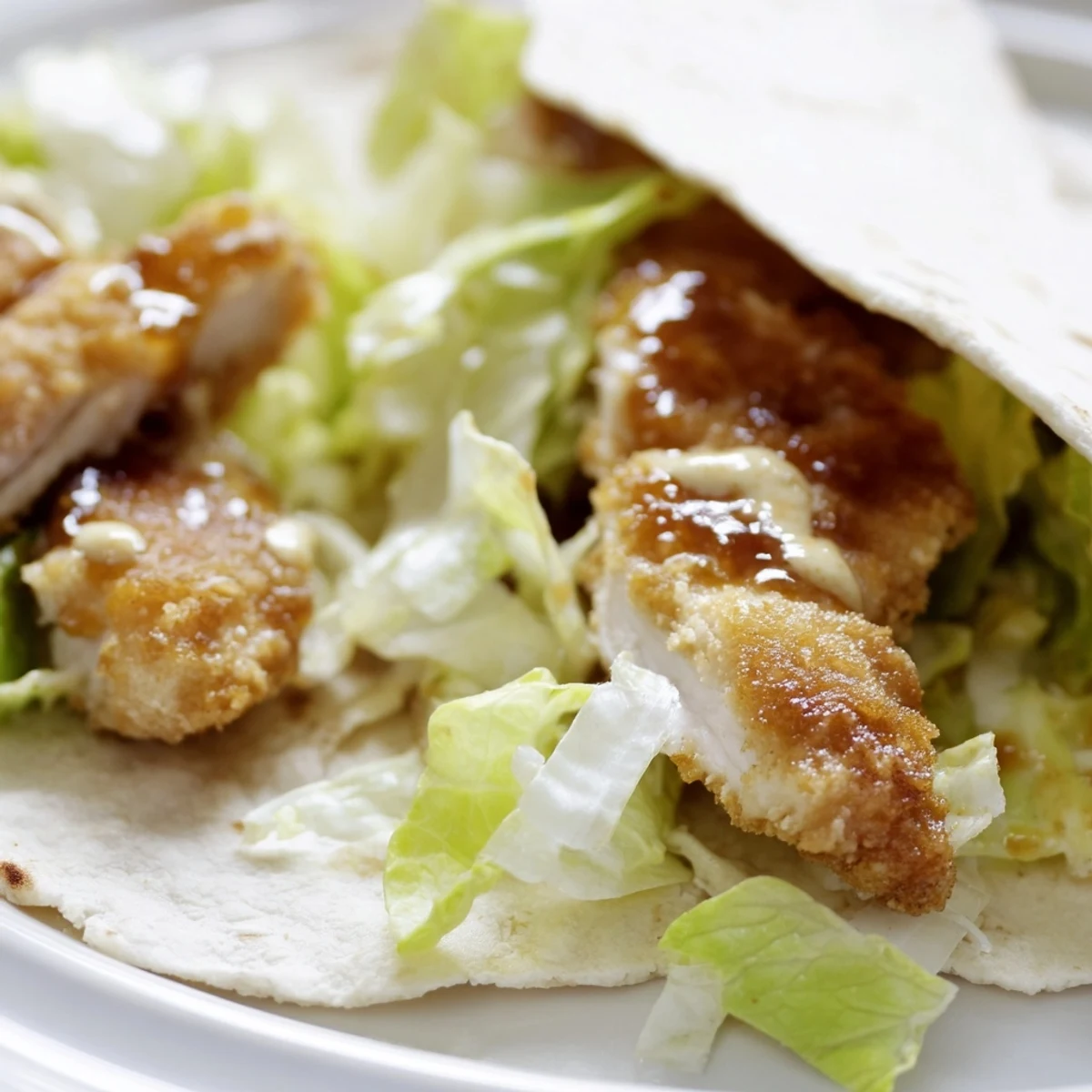 Zwei golden gebratene Hähnchenbruststreifen mit Honig-Senf-Sauce, frischem Salat und knackigen Zwiebeln in einer weichen Weizen-Tortilla, ideal für ein schnelles Mittagessen.  