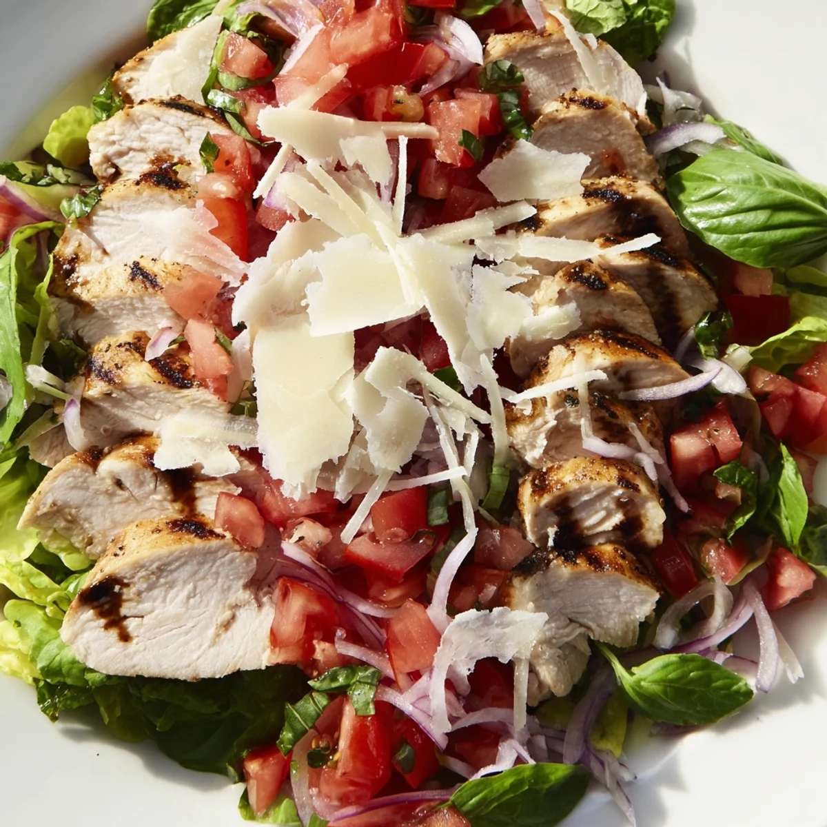 Bruschetta Chicken Salad served on a plate with shaved Parmesan and lemon wedges, perfect for a summery dinner.