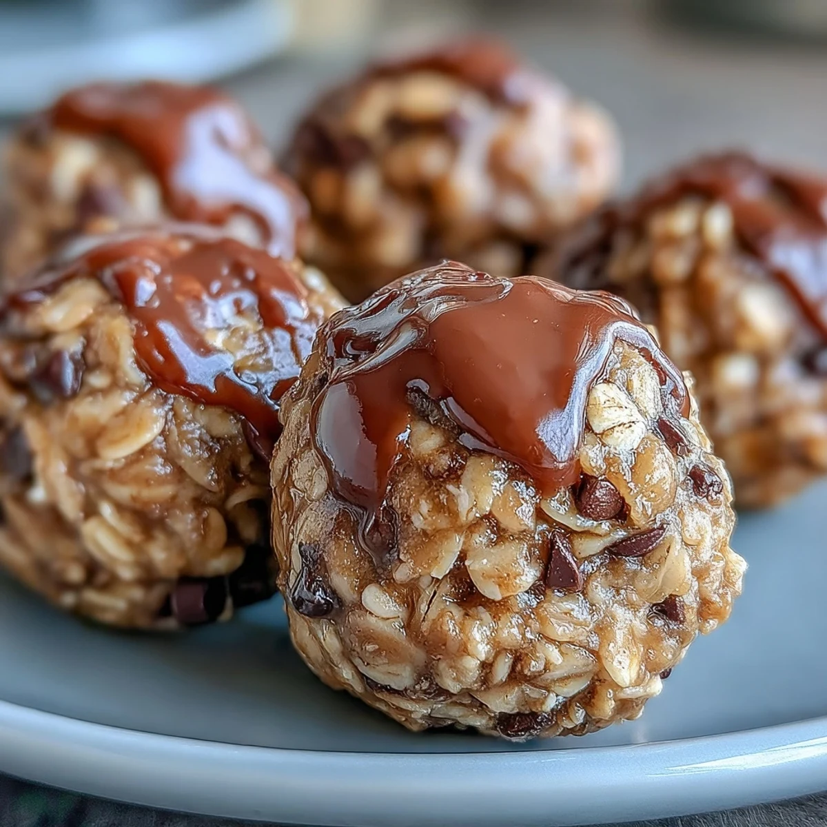 Detailaufnahme der weichen Banana Chocolate Chip Energy Balls mit geschmolzenen Schokotropfen, die auf einem rustikalen Tablett für den sofortigen Verzehr präsentiert werden.