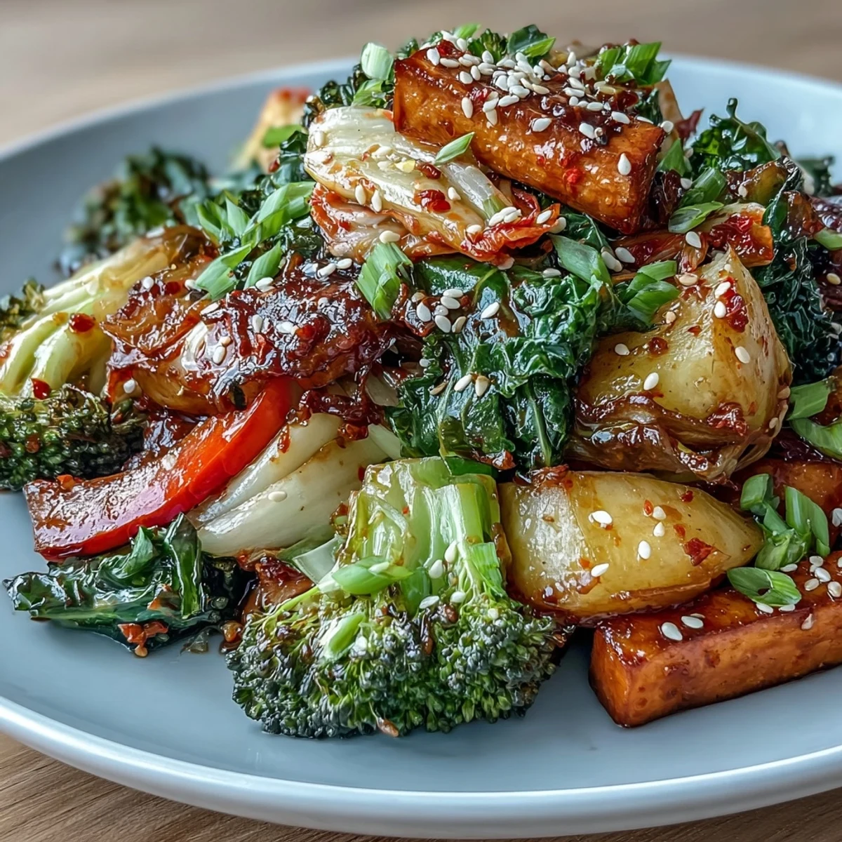 Herzhaftes fermentiertes Gemüse Winter-Pfanne mit knackigen Karotten.