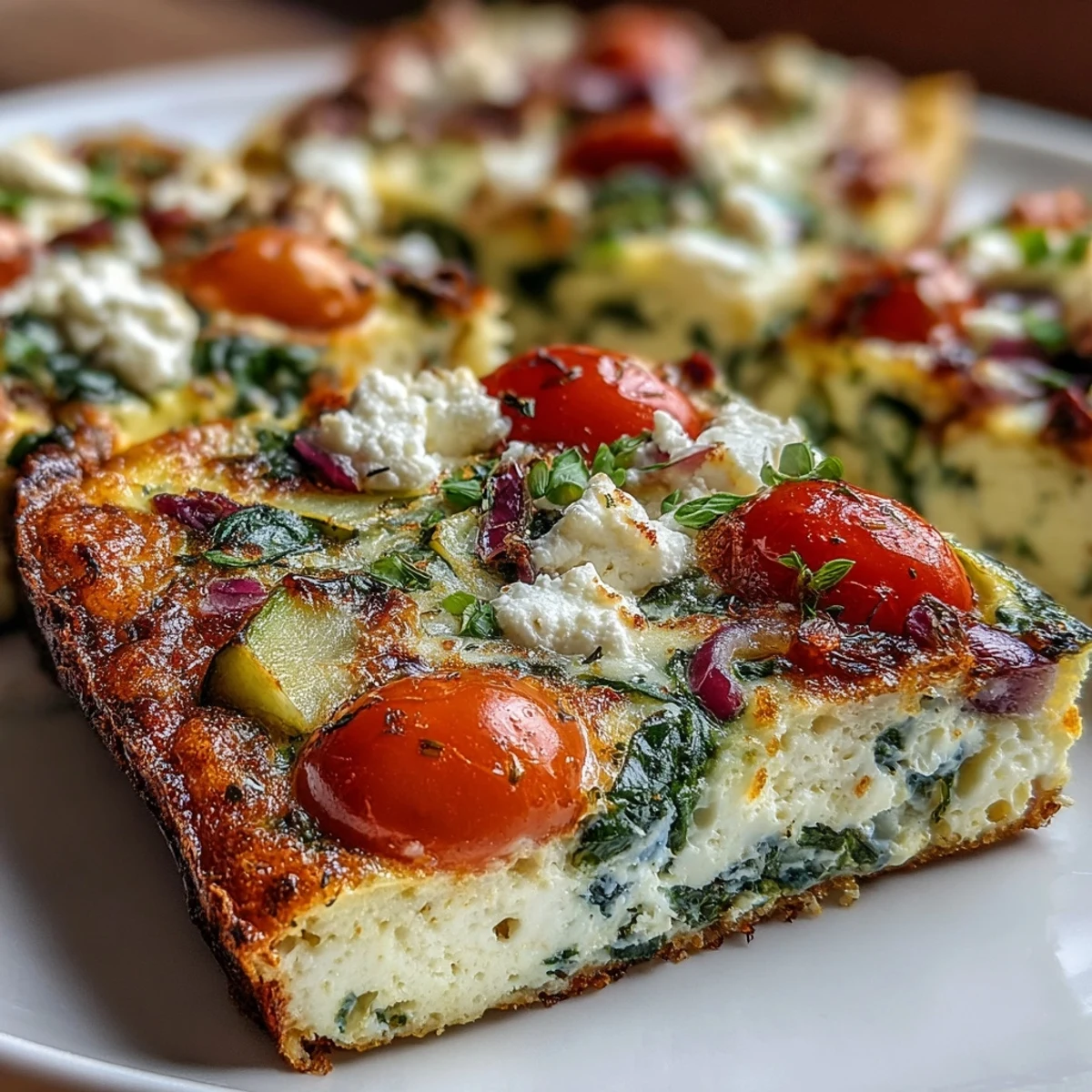 Röstrauchiger Blechkuchen mit Hüttenkäse und Gemüse für ein proteinreiches Frühstück.