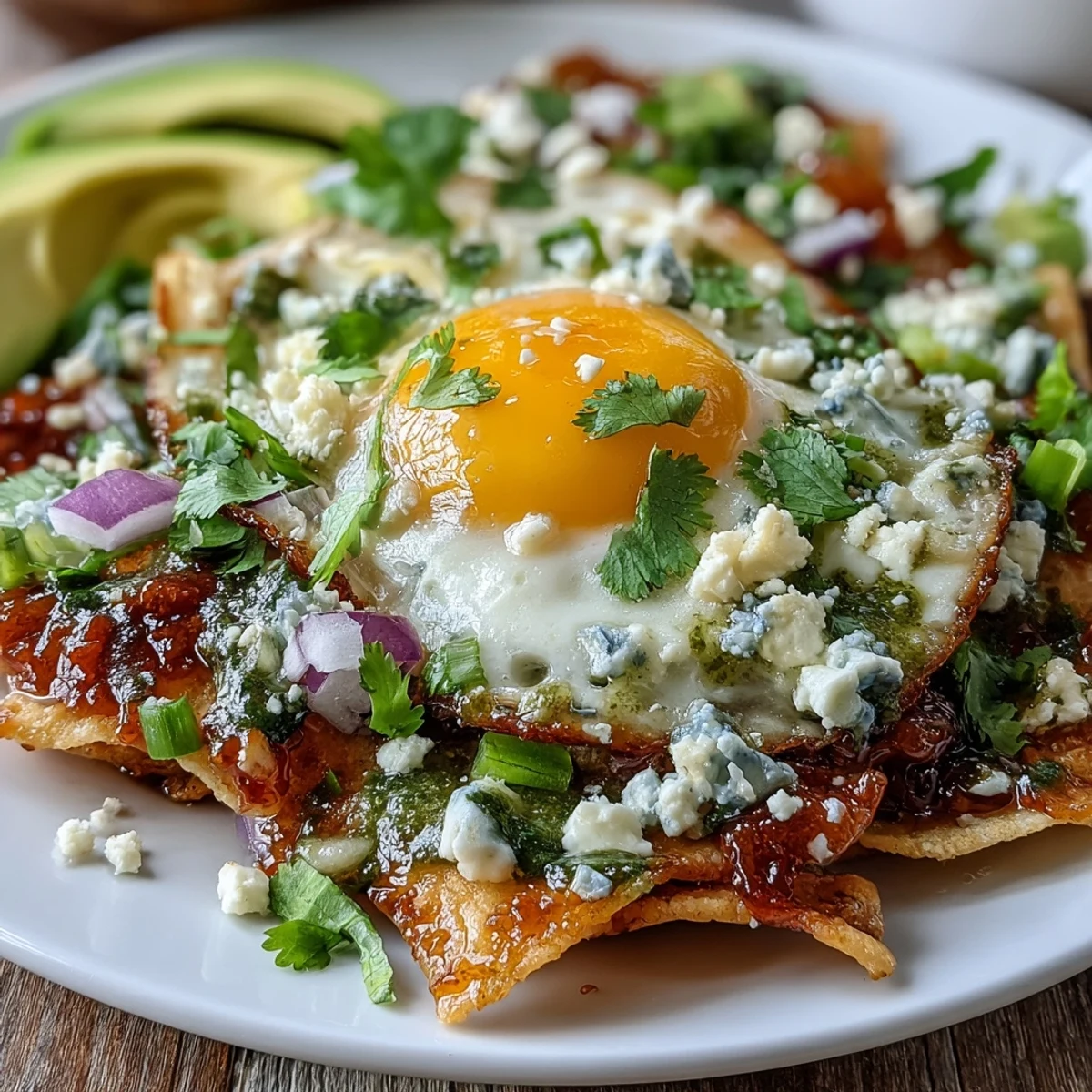 Hearty Chilaquiles breakfast served on a plate with creamy sour cream drizzle, fresh cilantro, and colorful red onion garnish.  