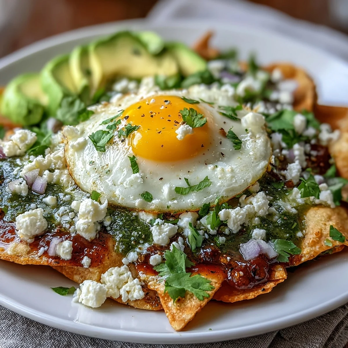Classic Mexican Chilaquiles with golden chips, vibrant salsa, a runny egg yolk, and cilantro, perfect for a satisfying morning meal.