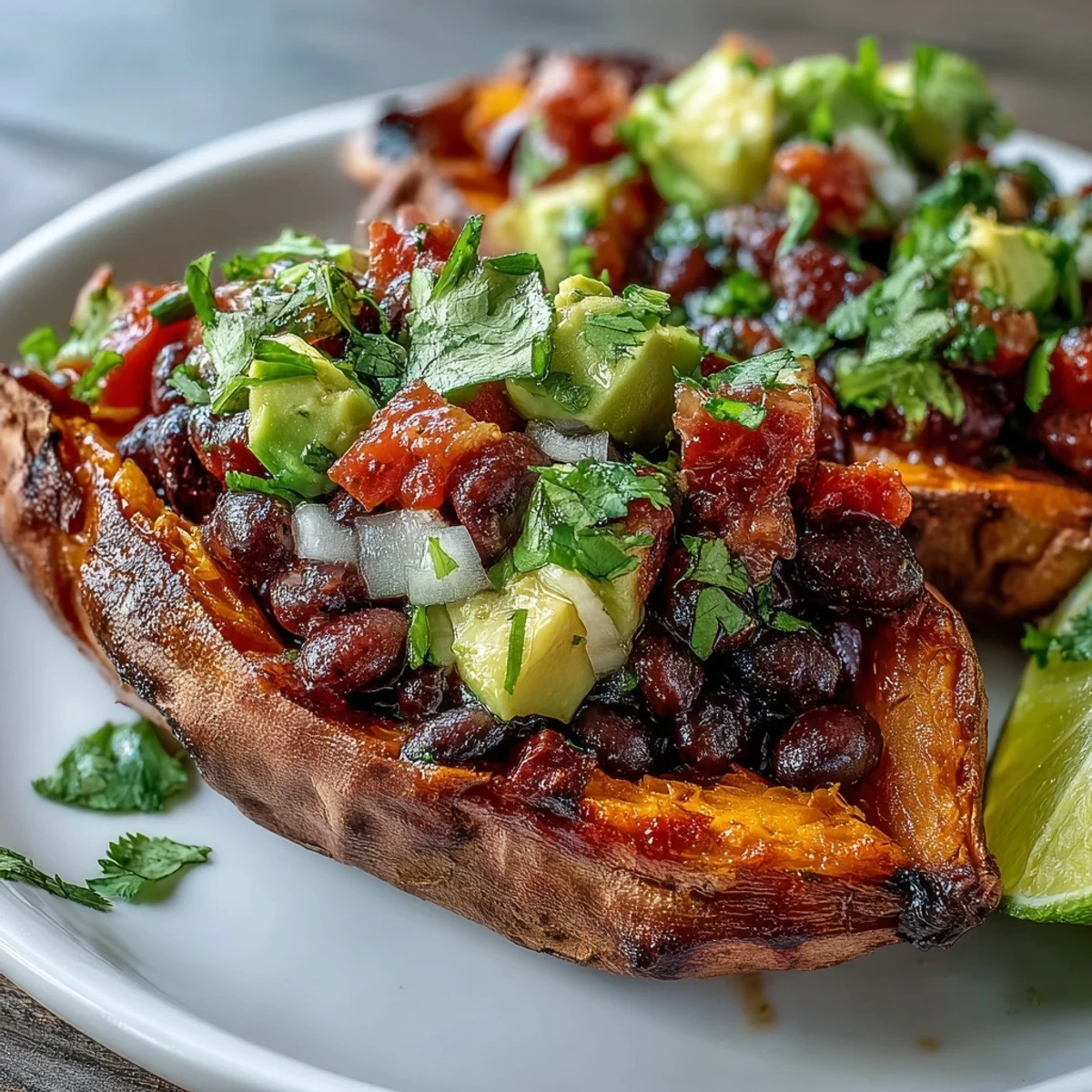 Die warmen Süßkartoffeln sind belegt mit würzigen schwarzen Bohnen und einer knackigen Tomatensalsa