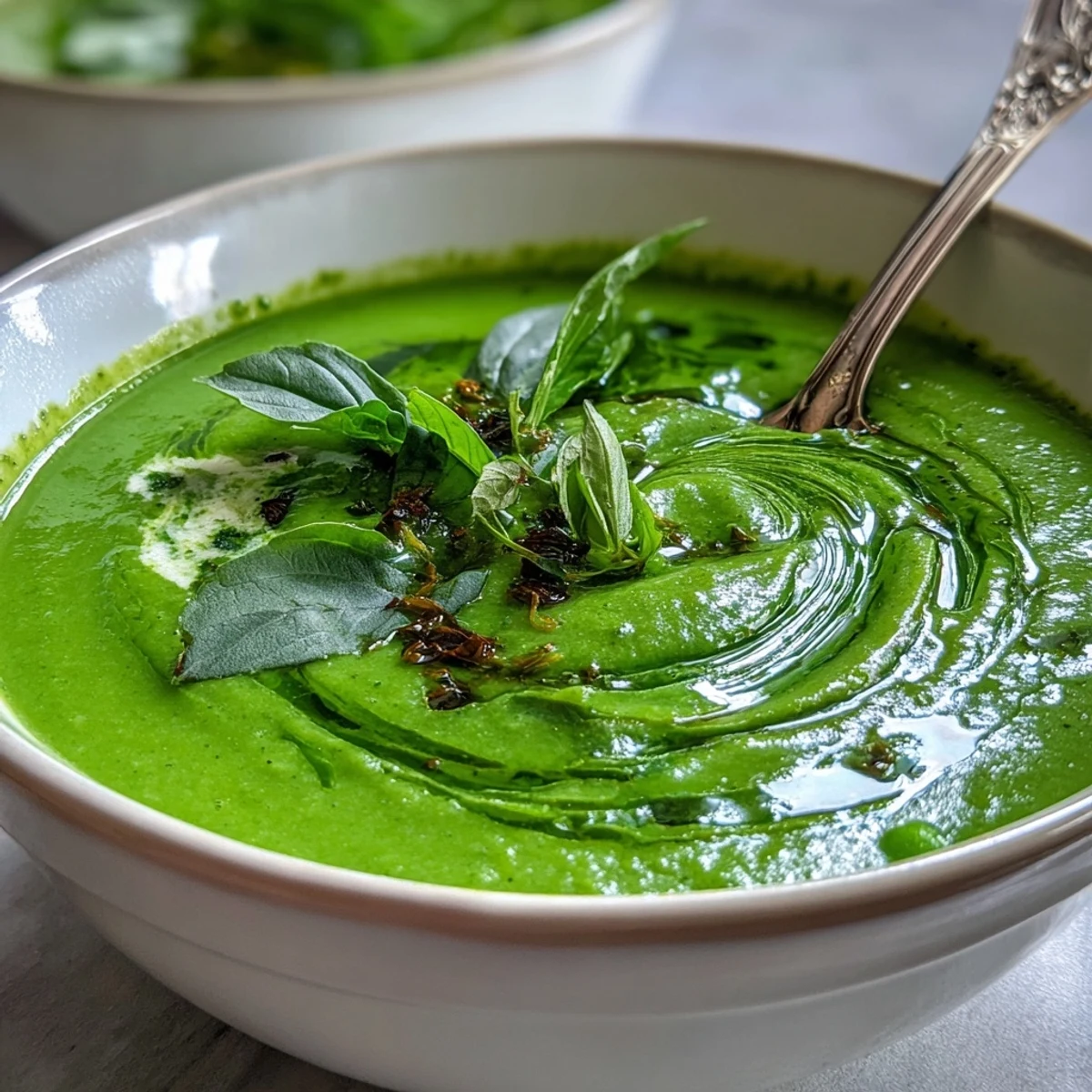 Rasch zubereitete Courgette-, Erbsen- und Pesto-Suppe mit cremiger Textur und frischem Basilikum.