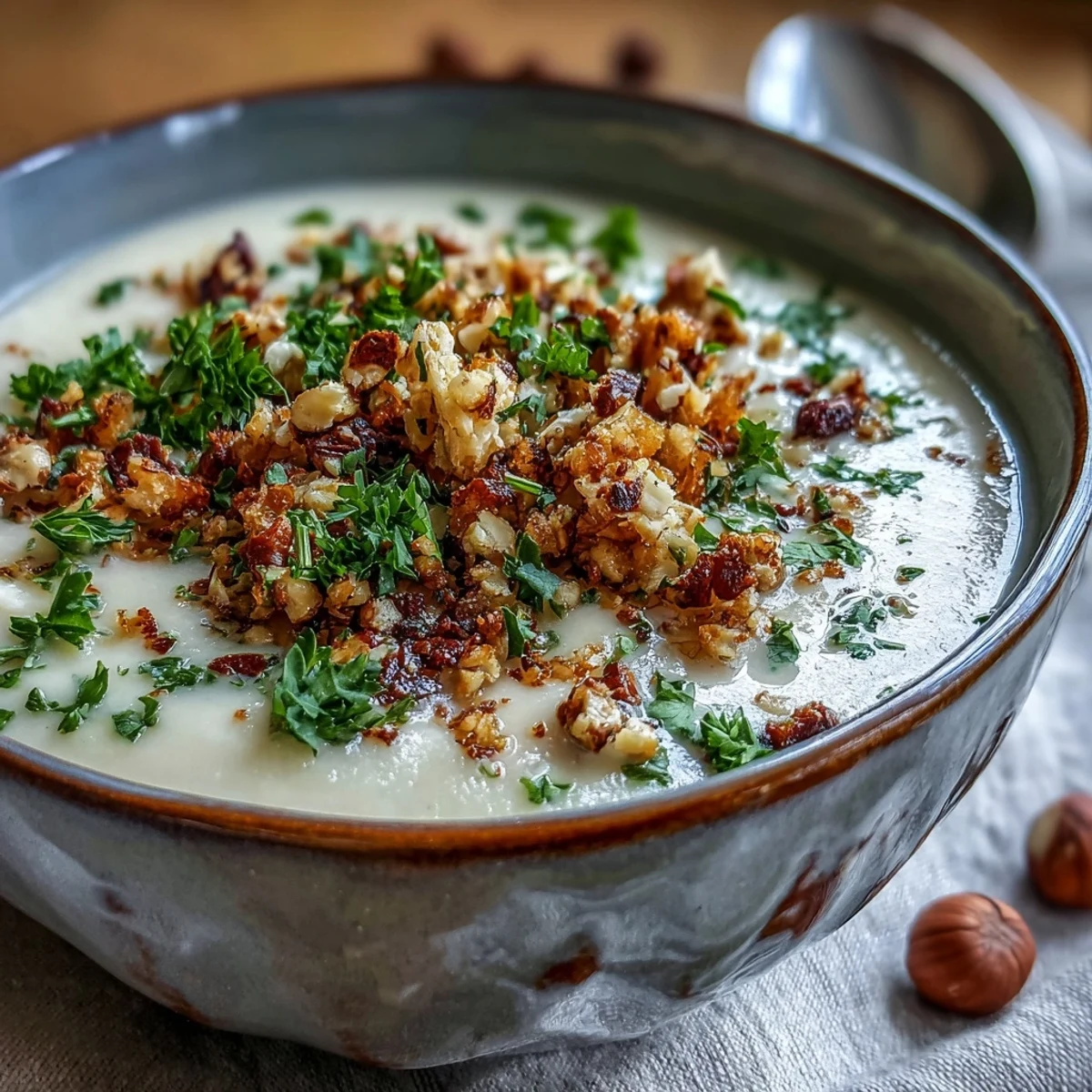 Celeriac Soup With Hazelnut Crumble mit cremiger Konsistenz und knuspriger Hazelnut Garnitur.