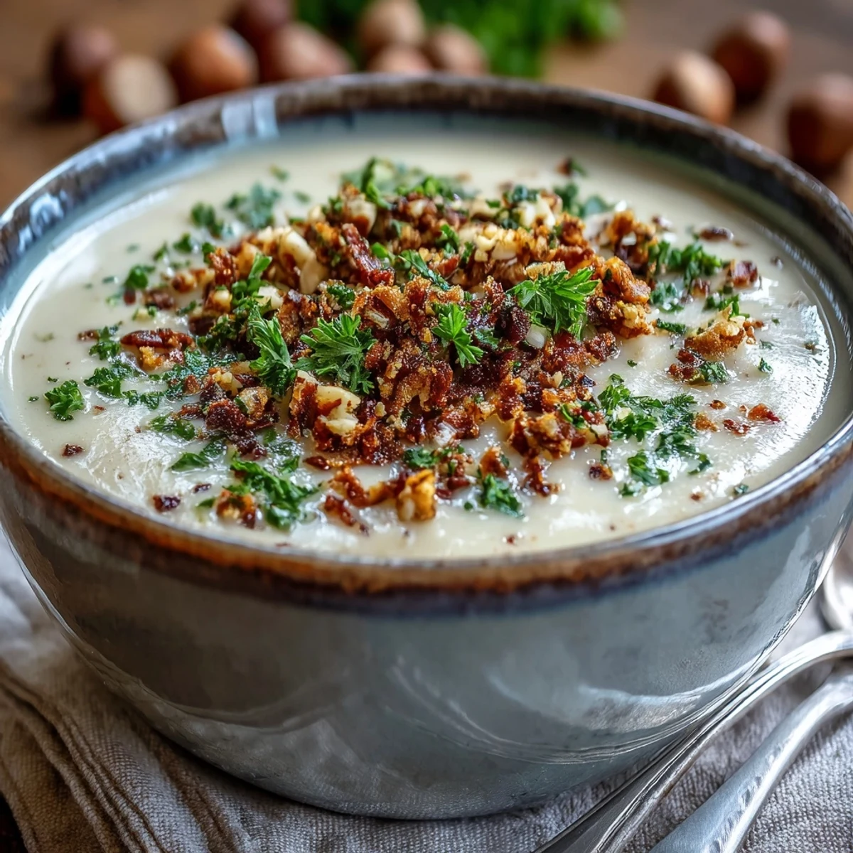 Glatte Celeriac Soup With Hazelnut Crumble im rustikalen Topf, bereit zum Servieren.