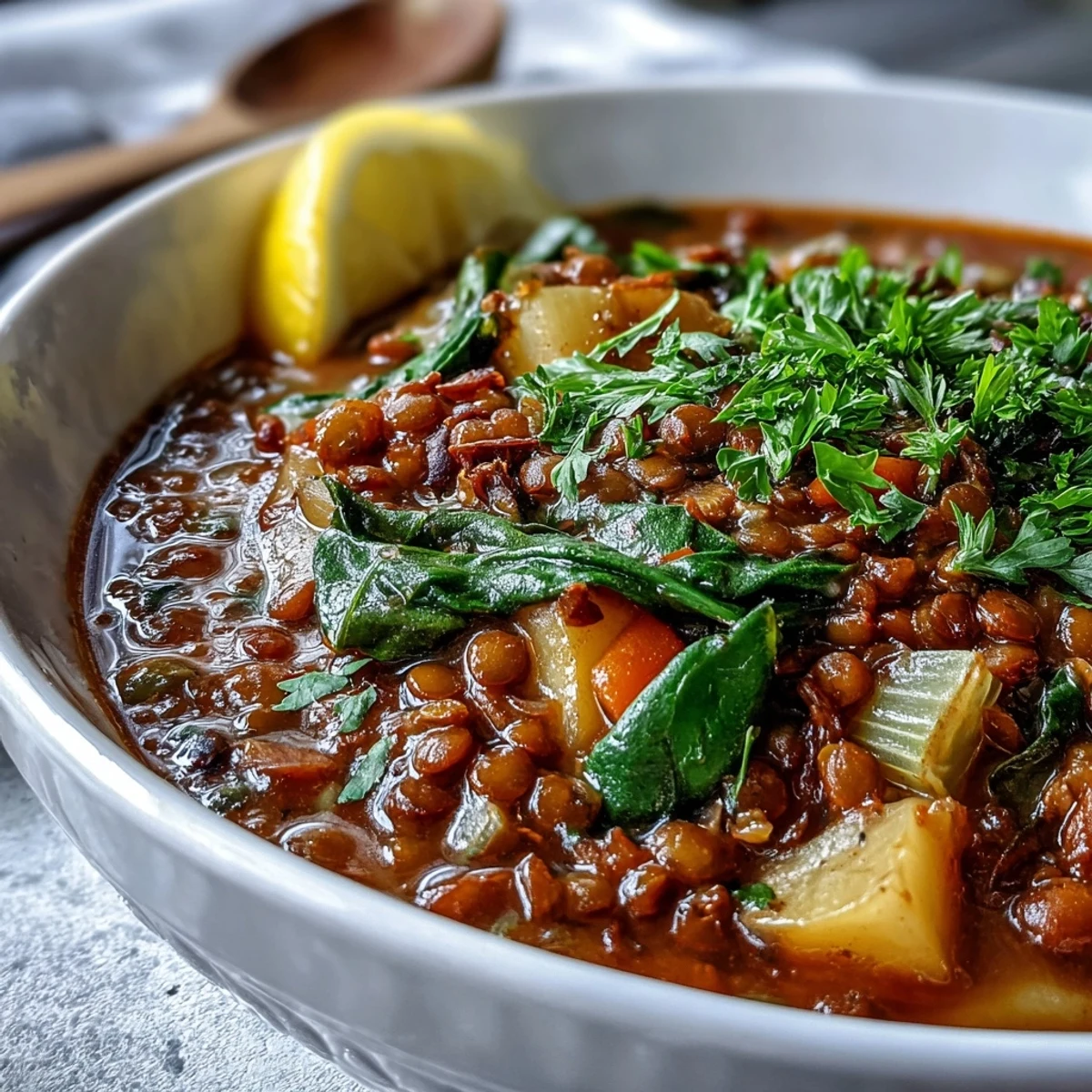 Herzhafte Vegetarian Lentil Stew in einer eisernen Pfanne mit frischer Petersilie