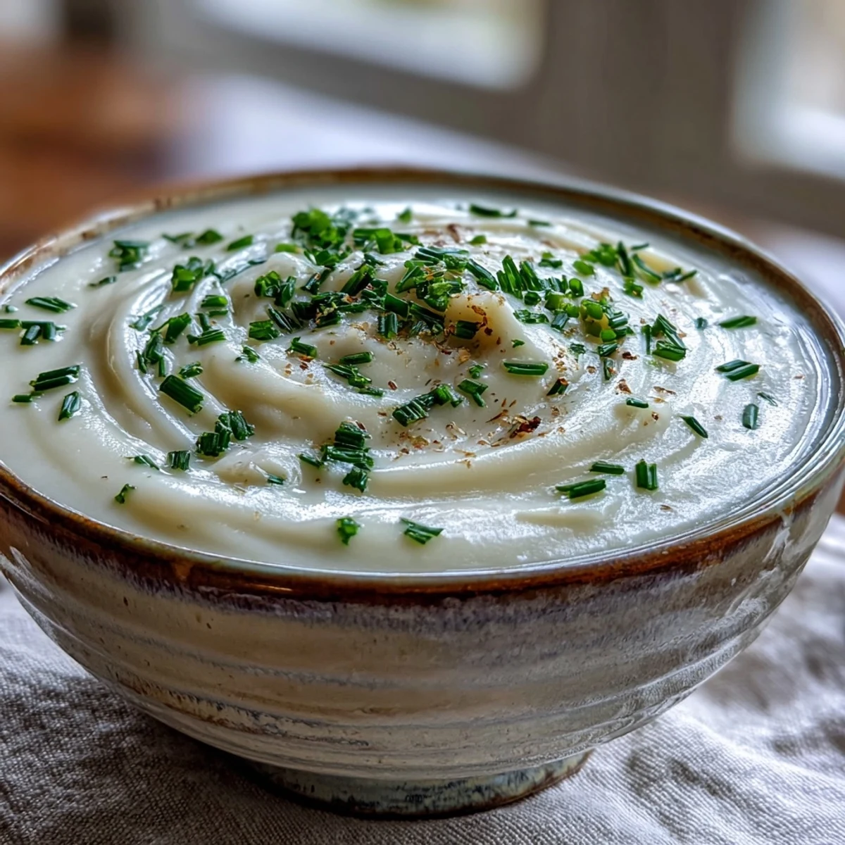 Creamy Celery Root Bisque mit chives garnish in a rustic white bowl, showing velvety texture and steamy aroma for an elegant starter.
