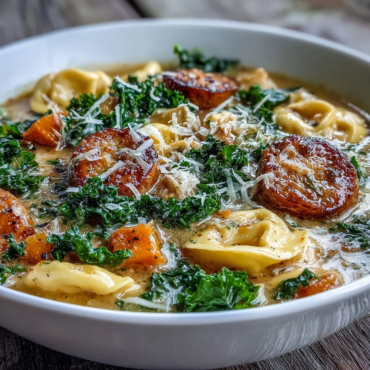 Pumpkin Tortellini Soup with Chicken Sausage and Kale served hot in a rustic white bowl next to a glass of white wine.
