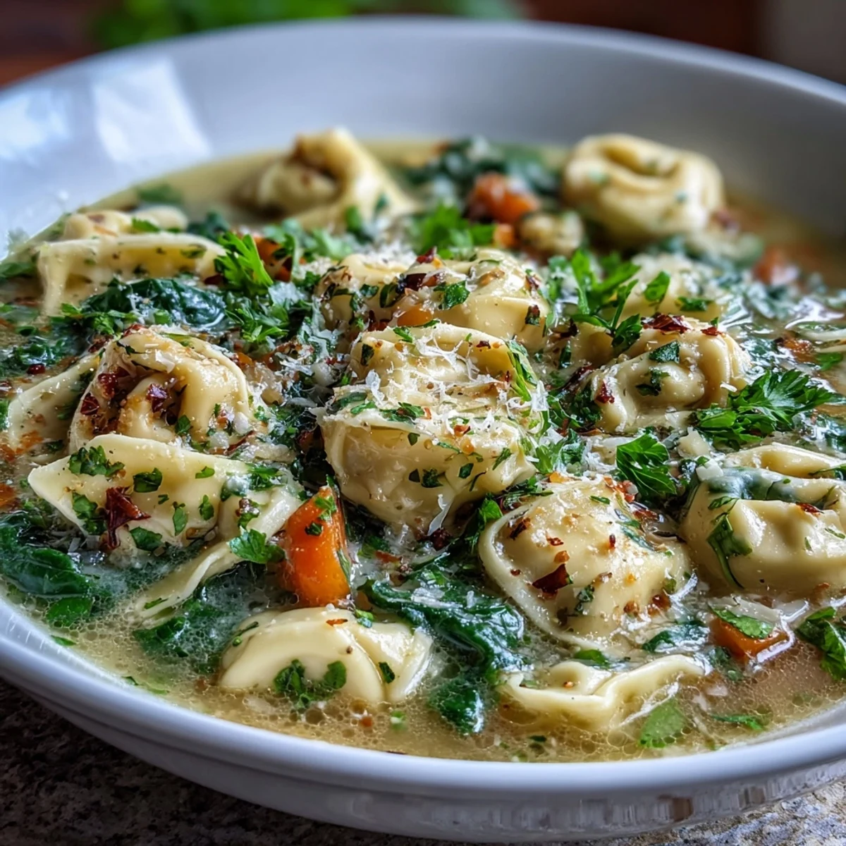 A bowl of Easy Tortellini Soup with creamy chicken broth, spinach, and grated Parmesan.