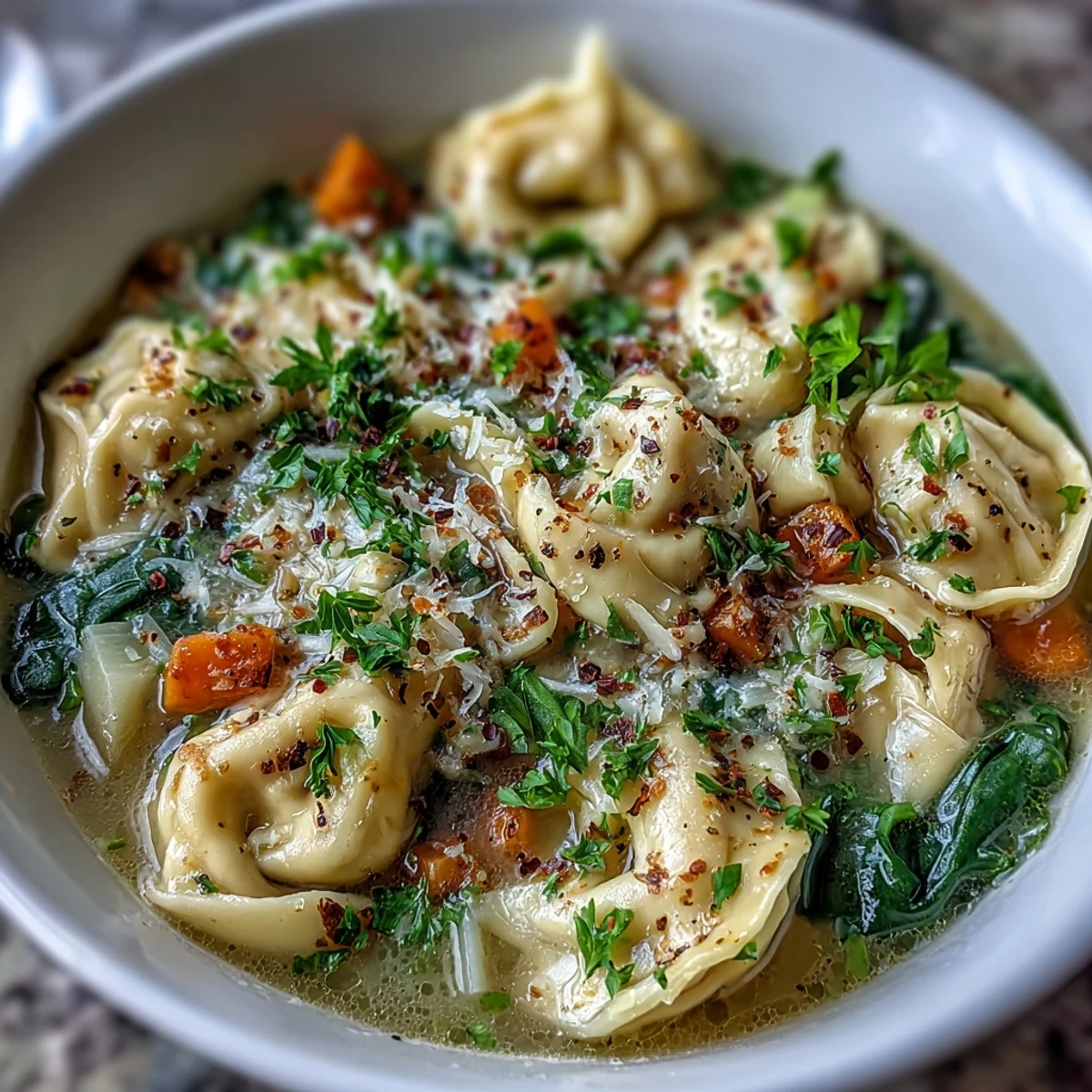 Easy Tortellini Soup with chicken broth served beside toasted bread, ready for a cozy dinner.