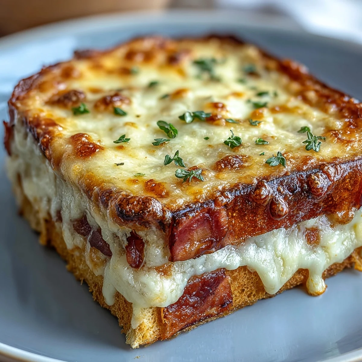 Golden Croque Monsieur Casserole bubbling with Gruyère, ham and creamy béchamel sauce.