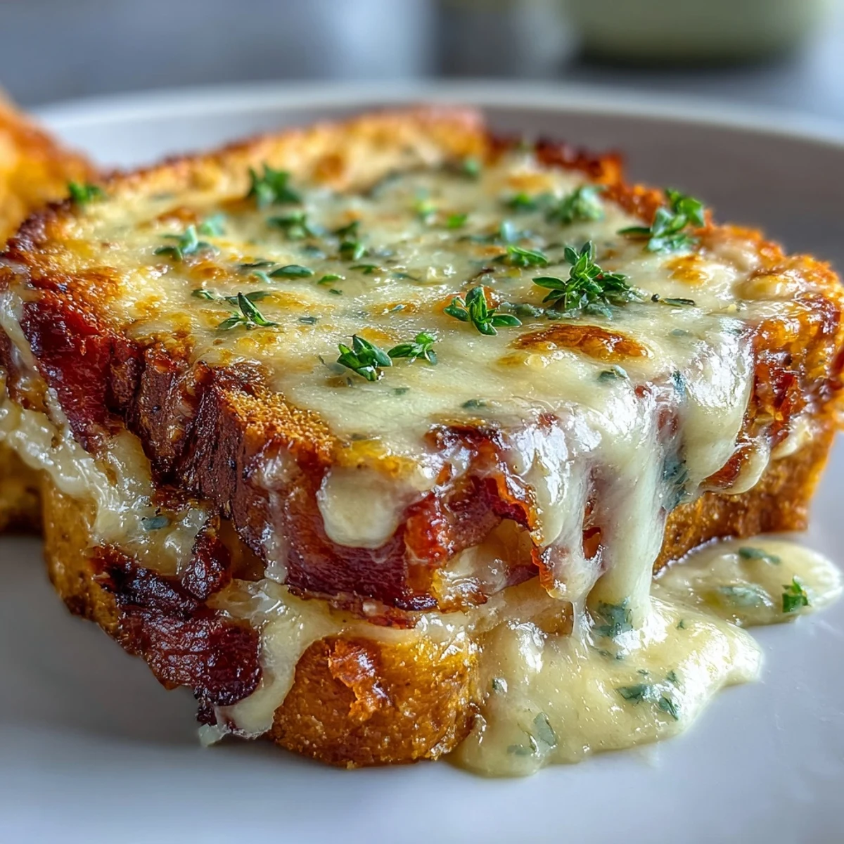 Golden brown Croque Monsieur Casserole served fresh from the oven with salad.