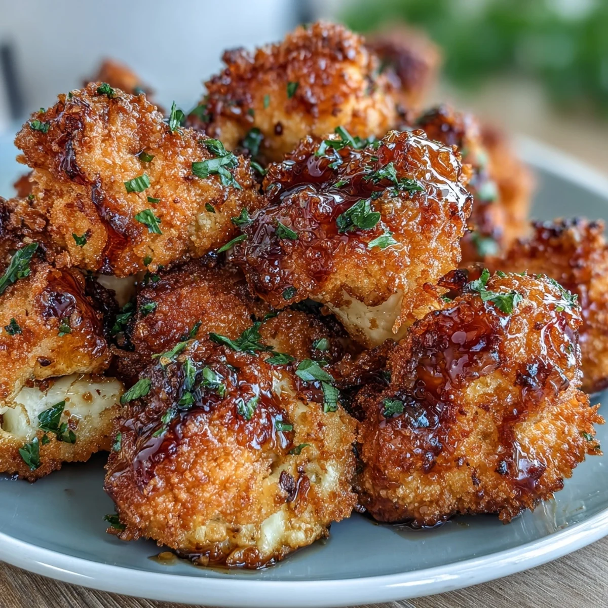 Golden-baked Crunchy Baked Hot Honey Cauliflower florets glistening with spicy sweet glaze on a rustic plate.