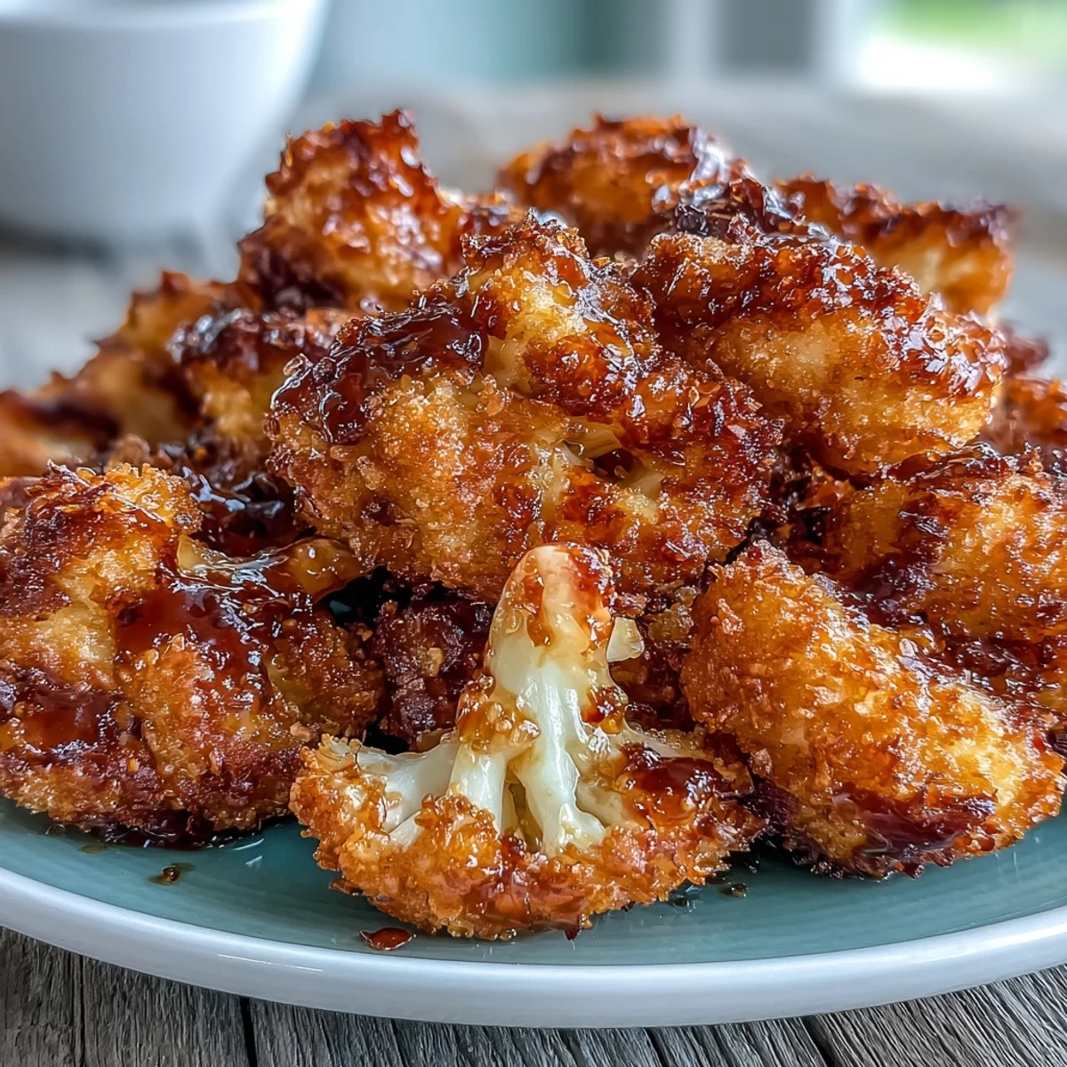 Bite-sized Crunchy Baked Hot Honey Cauliflower tossed in a glossy hot honey glaze, served as a snack.