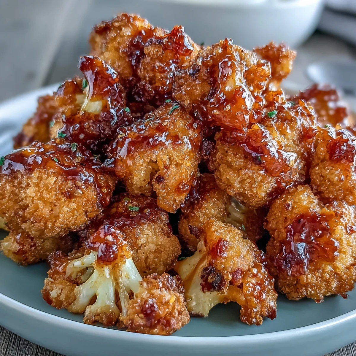 Crispy Crunchy Baked Hot Honey Cauliflower florets garnished with red pepper flakes, ready for appetizer platters.