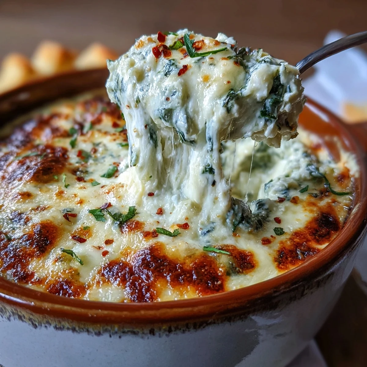 Cremiger Spinat Artichoke Dip, frisch aus dem Ofen, mit goldenem Käsetopping und Dipp-Chips serviert.