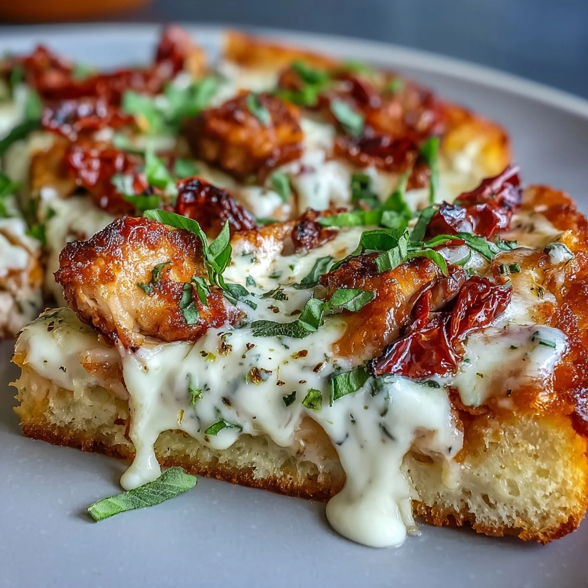 Eine rustikale Marry Me Chicken Pizza liegt auf einem Holztisch mit einem Glas Pinot Grigio und Basilikum.