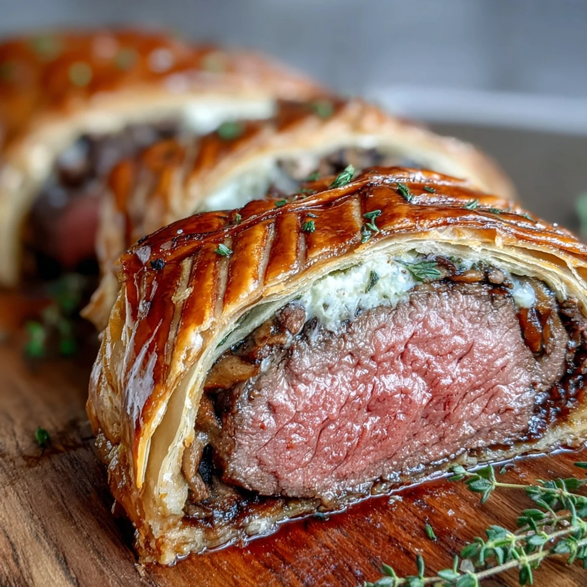 Golden Beef Wellington resting on a rustic cutting board, ready to be served with red wine jus.
