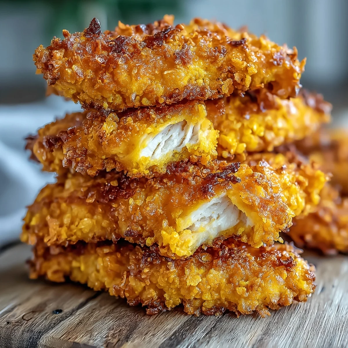 Knusprige, goldene Crispy Turmeric Chicken Tenders auf einem weißen Teller, serviert mit frischer Petersilie und einer Cremedippe.