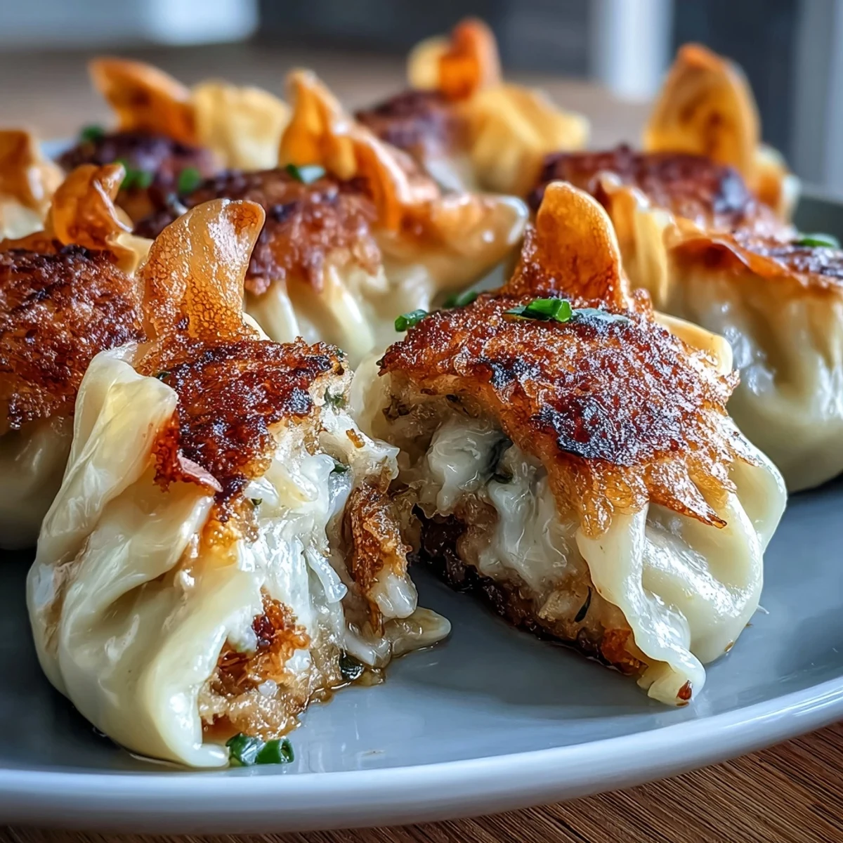 Goldbraun gebratene Smash Dumplings mit Saft im Inneren, serviert mit Chili-Öl-Dip und Frühlingszwiebeln