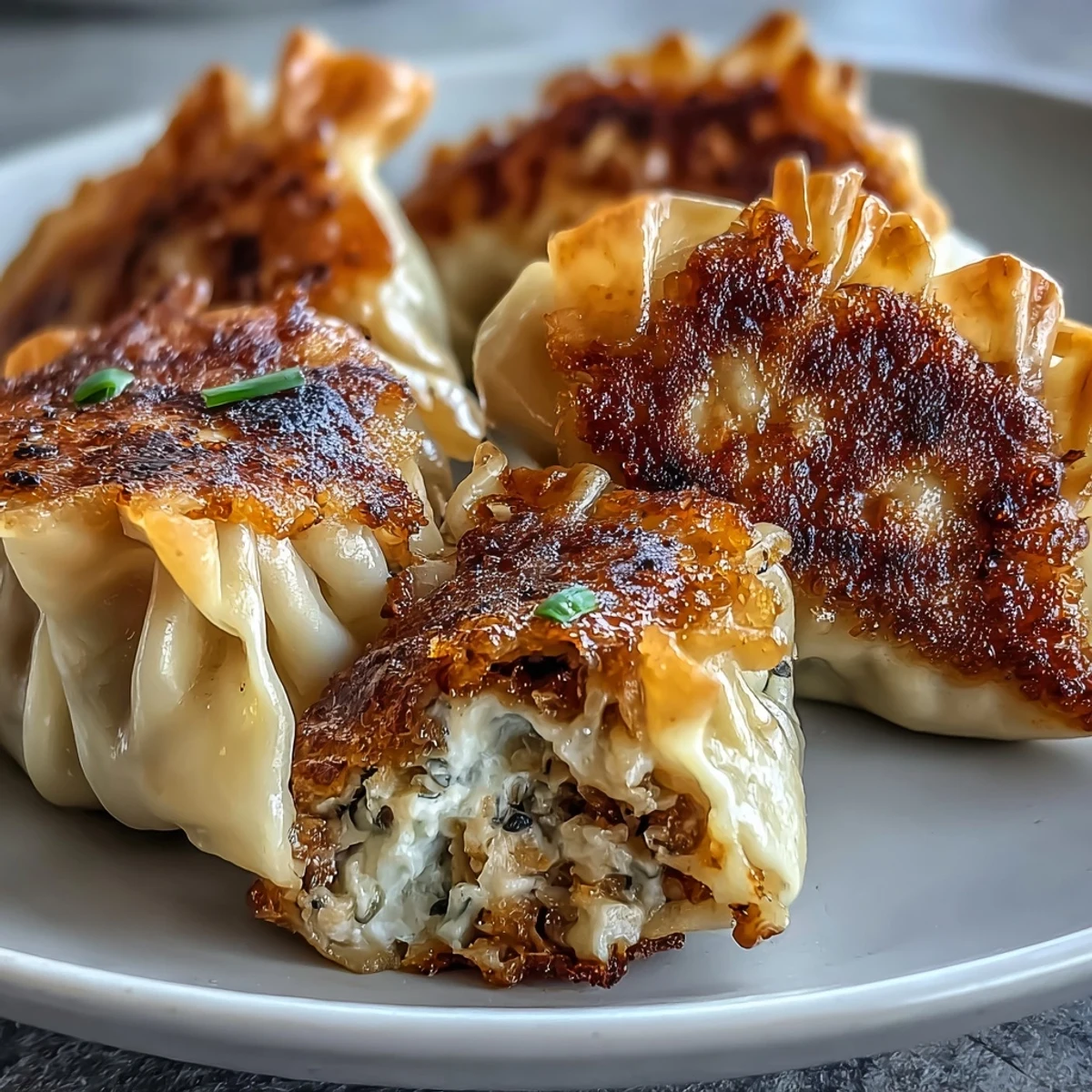 Zwei leckere Smash Dumplings auf Teller mit würziger Soja-Sesam-Soße und scharfem Chili-Öl-Guss