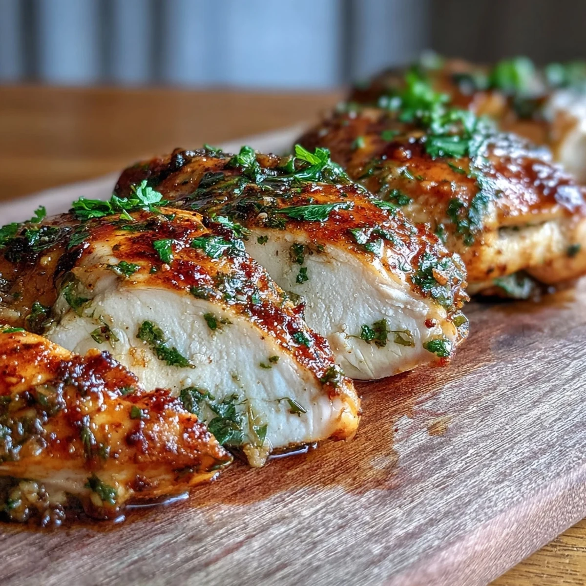 Saftige, würzige Oven Baked Chicken Breast frisch aus dem Ofen garniert mit frischer Petersilie.