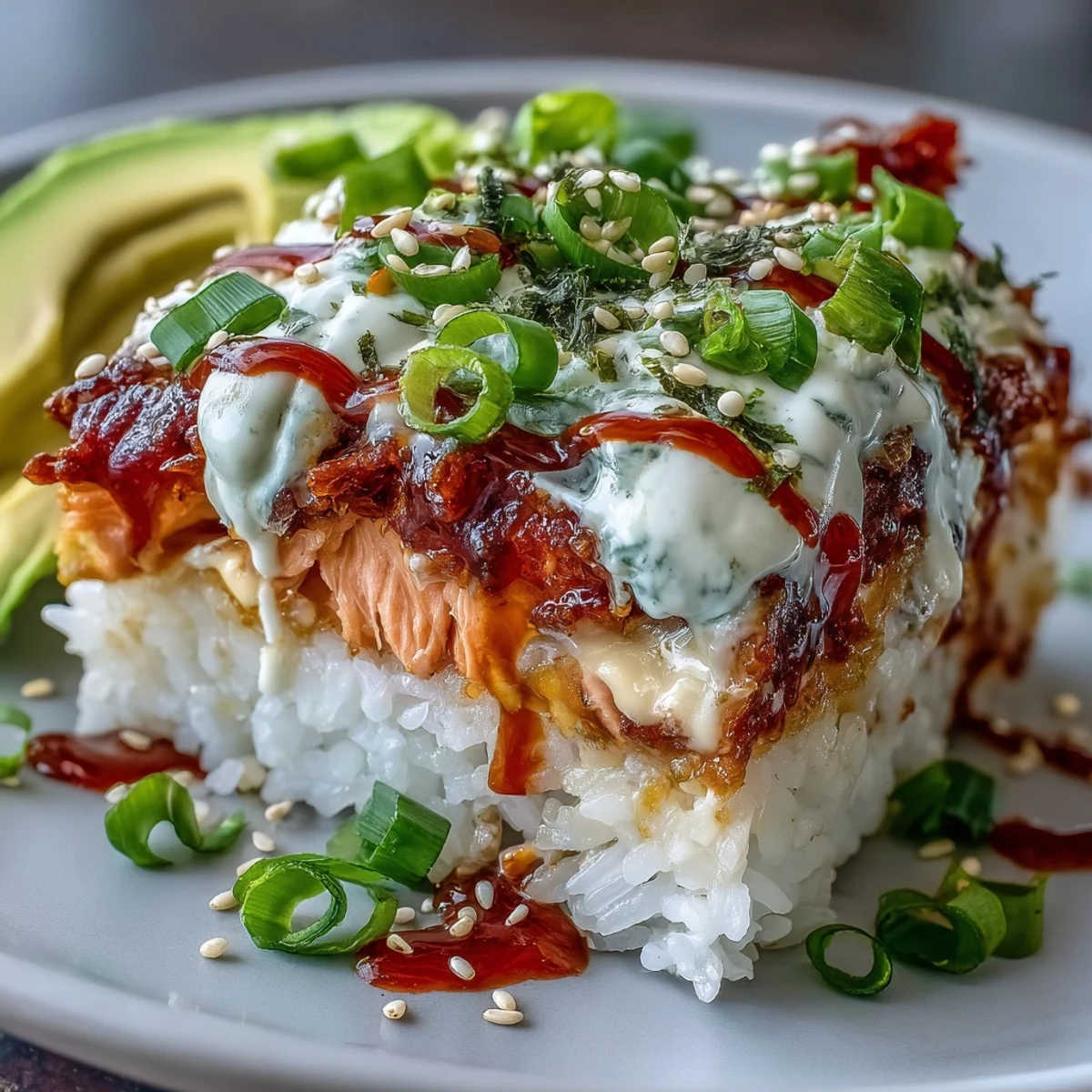 Frisch gebackene Spicy Salmon Sushi Bake mit geschmolzenem Käse und Sesam garniert.