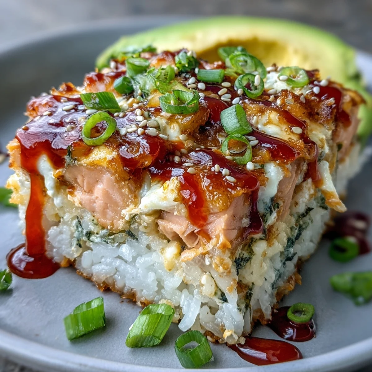 Überbackene Spicy Salmon Sushi Bake mit cremiger Mayo-Glasur auf Seetangblättern.
