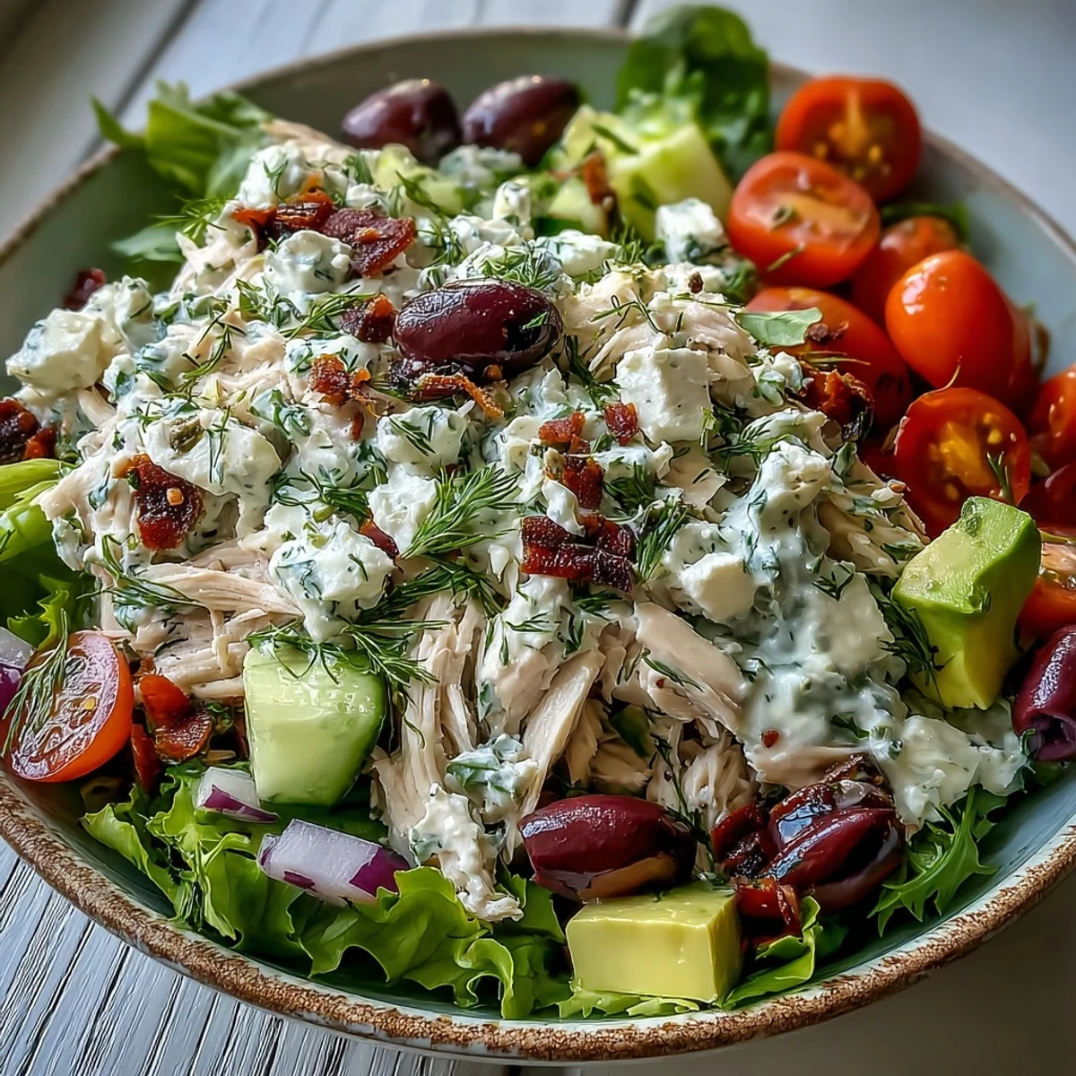 Chilled Tzatziki Chicken Salad in a glass bowl, garnished with fresh dill and a lemon wedge.