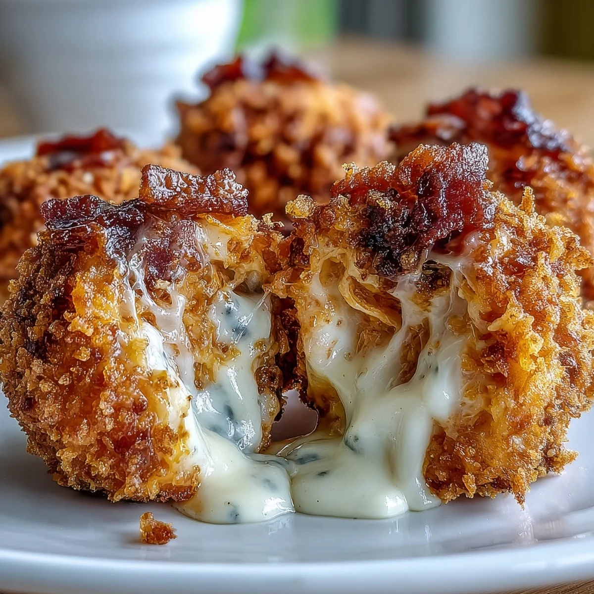 Goldbraun frittierte Buffalo Chicken Bacon Mozzarella Bombs, auf einer Sauce-getränkten Servierplatte angerichtet.