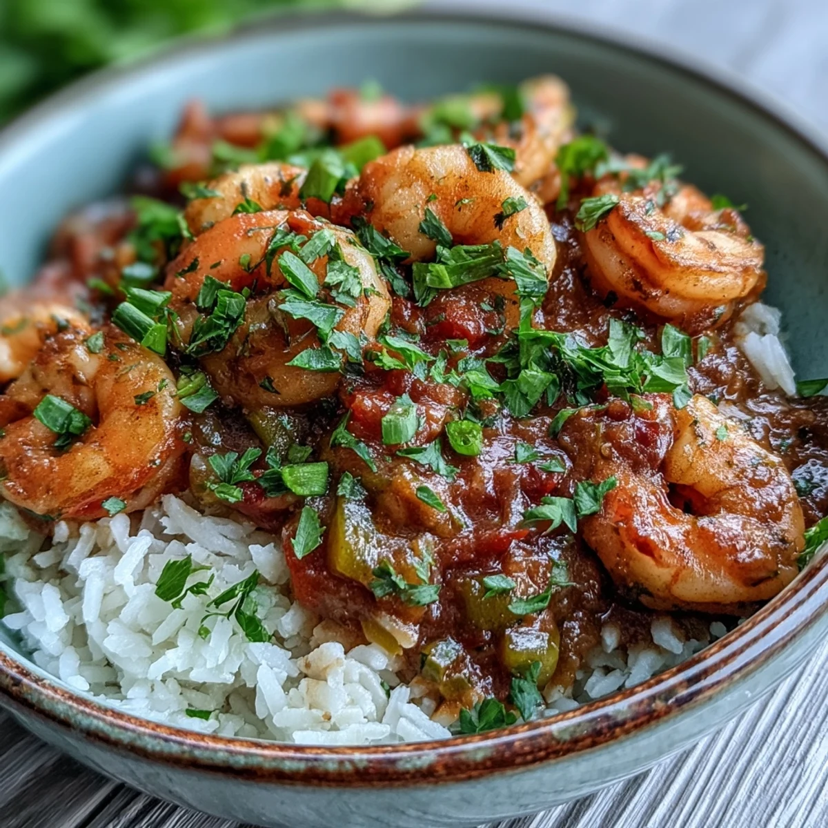 Eine dampfende Schüssel Klassisches New Orleans Étouffée mit saftigen Garnelen in einer würzigen, dunklen Sauce.