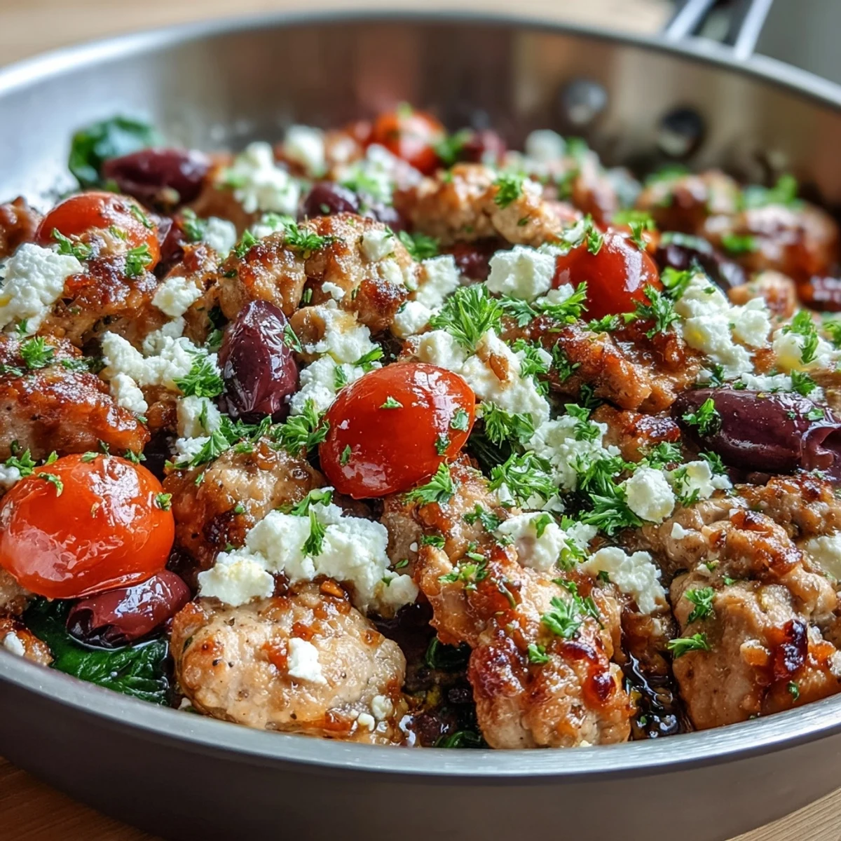 Bowl of Mediterranean Keto Ground Chicken Skillet with Olives and Feta garnished with parsley, ideal for a low-carb dinner.