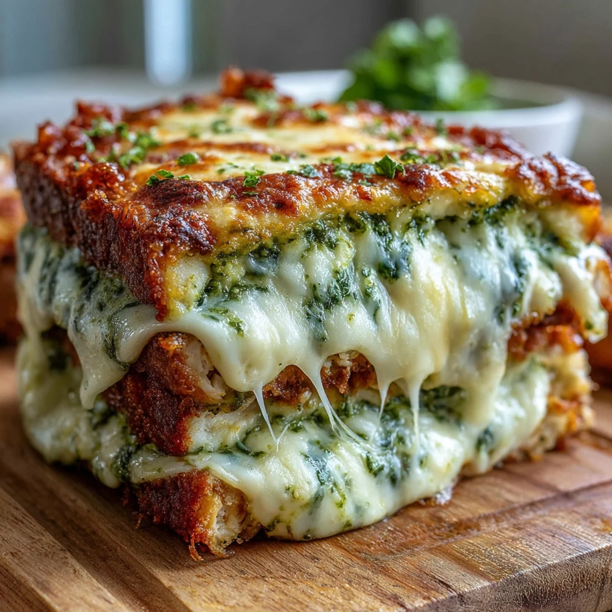 Pesto Chicken Parmesan garnished with fresh basil, served alongside spaghetti and garlic bread on a rustic plate.