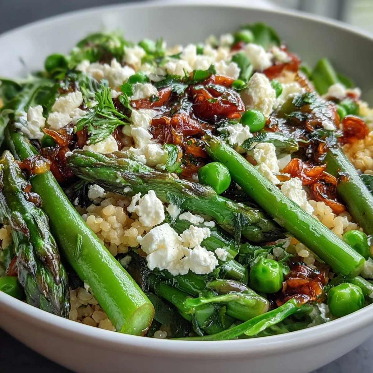 A close-up of a vibrant Spring Green Bowl topped with peas, asparagus, and pumpkin seeds.