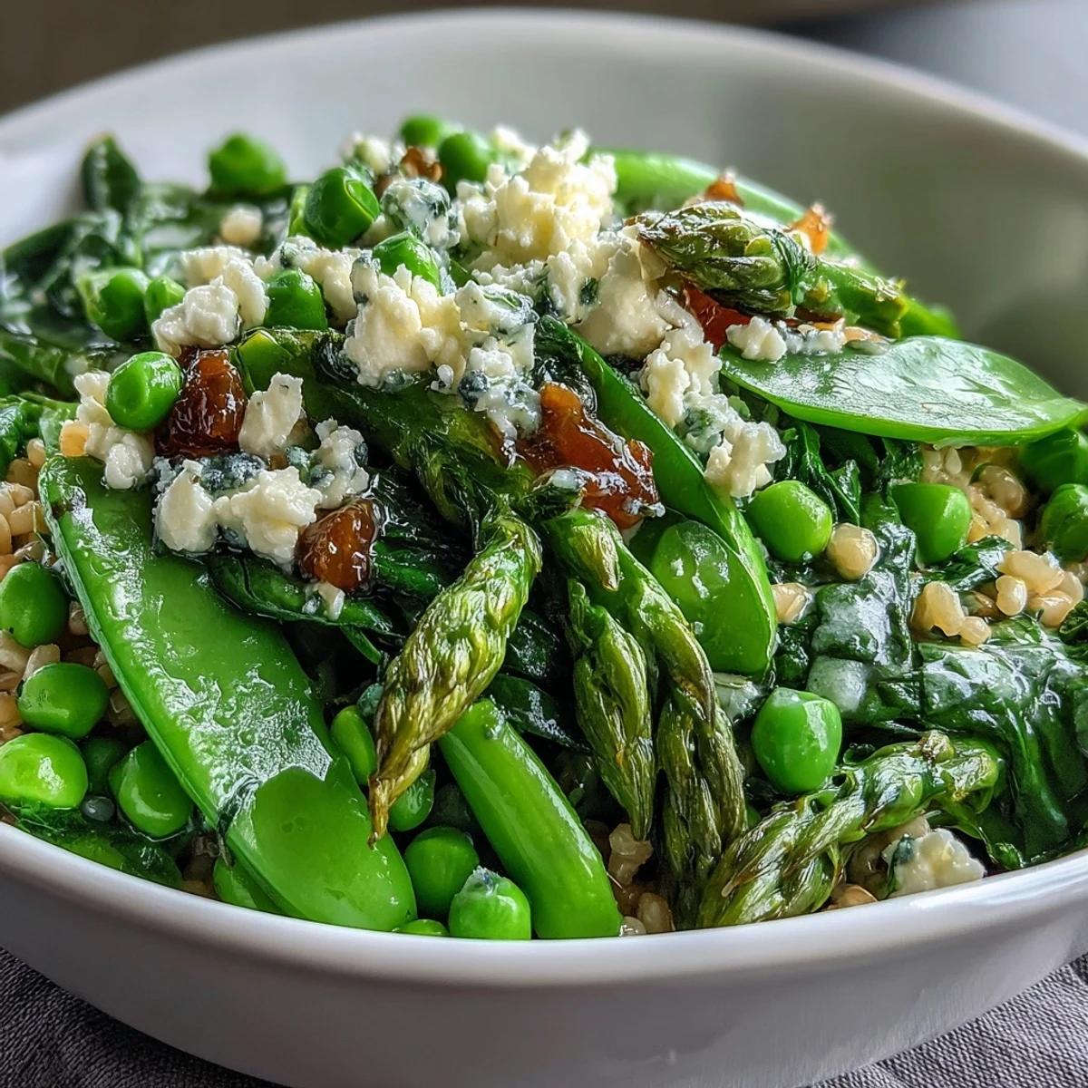 A freshly prepared Spring Green Bowl featuring blanched vegetables and a lemon dressing.
