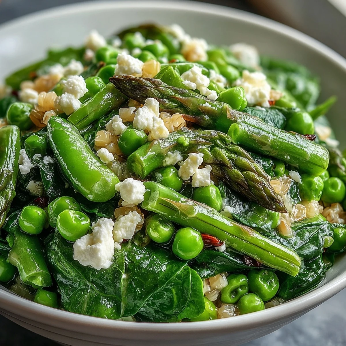Overhead view of a wholesome Spring Green Bowl with quinoa and fresh herbs.