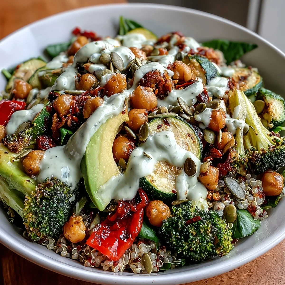 Geröstetes Gemüse und Süßlupinen Schüssel mit cremigem Tahini-Dressing, appetitlich serviert.