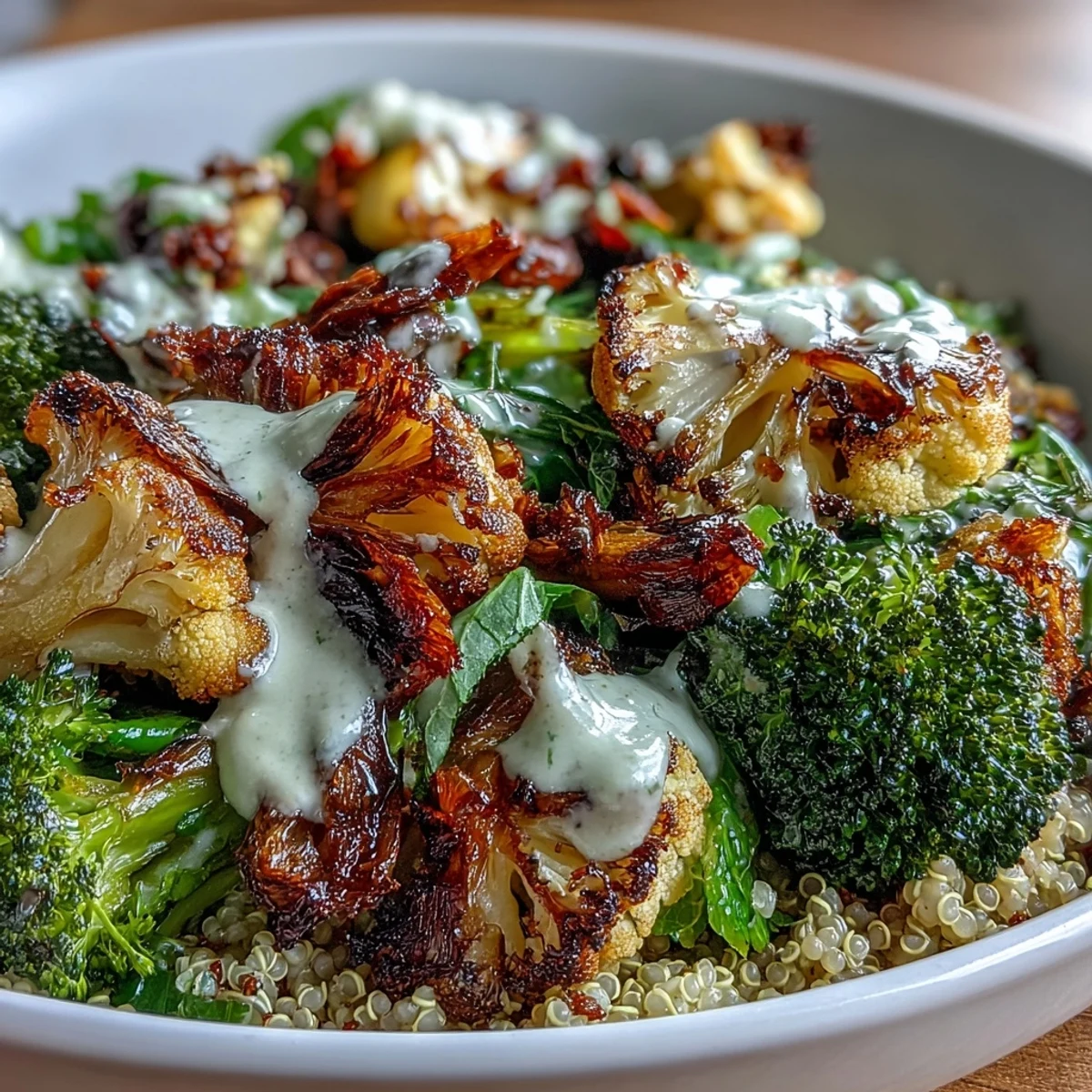 Gerösteter Brassica Bowl mit knusprigem Brokkoli, Blumenkohl und Rosenkohl auf quinoa-reichen Körnern