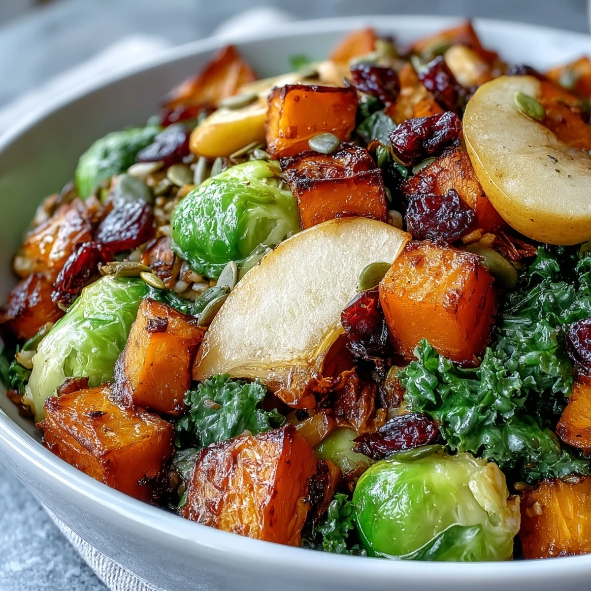 Smoked paprika roasted butternut squash and Brussels sprouts in a Fall Vegetable Bowl.