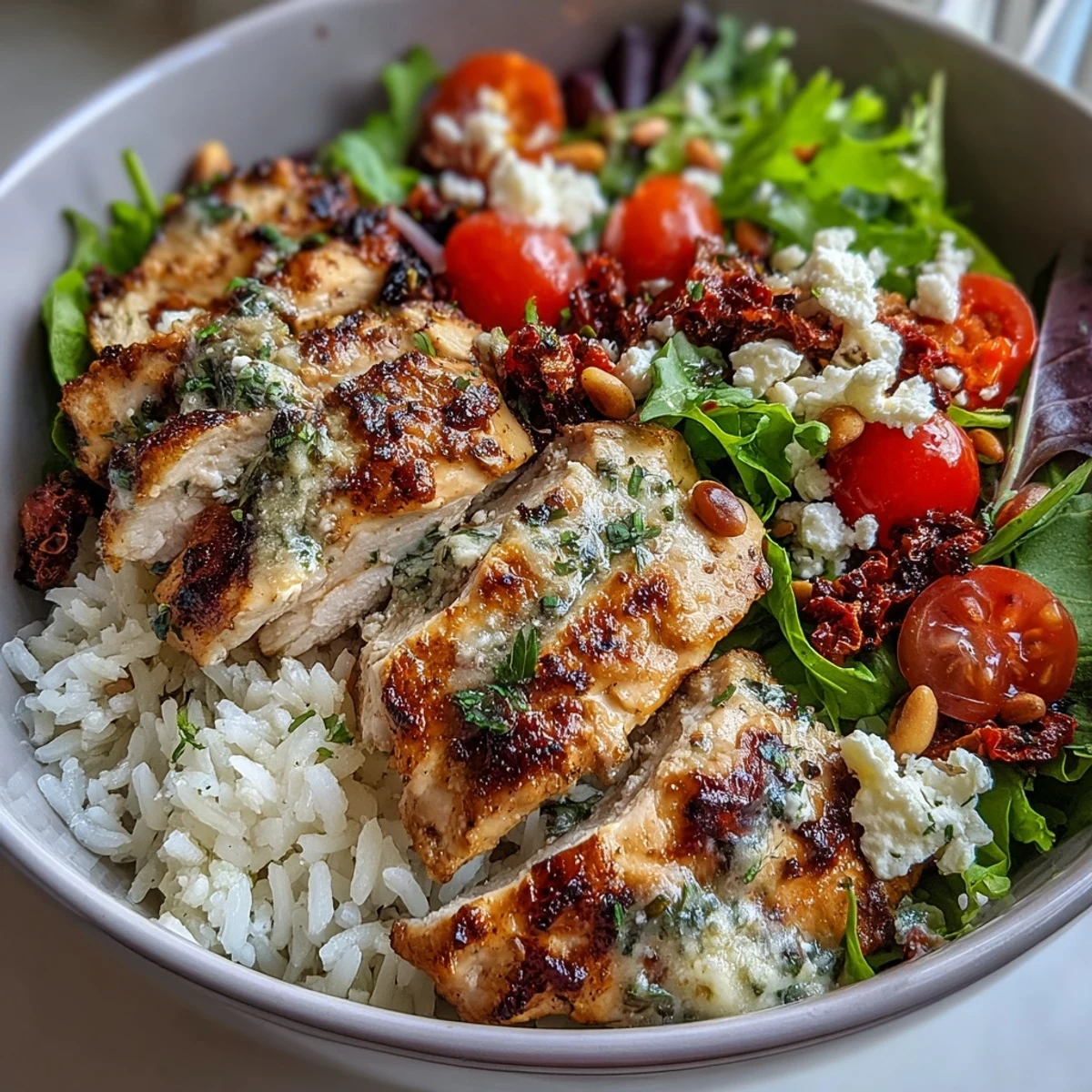 Genieße eine bunte Schüssel mit in Sonnengetrockneten Tomaten mariniertem Hähnchen, aromatischem Reis und knusprigem Salatgrün auf dem Teller.