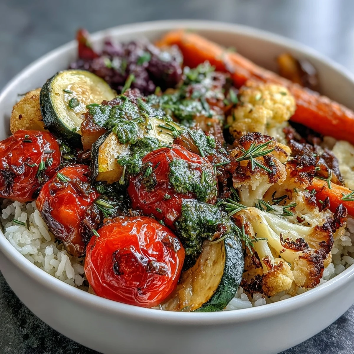 Bunte geröstete Gemüse-Schüssel mit Kräutersauce, eine gesunde Mahlzeit.