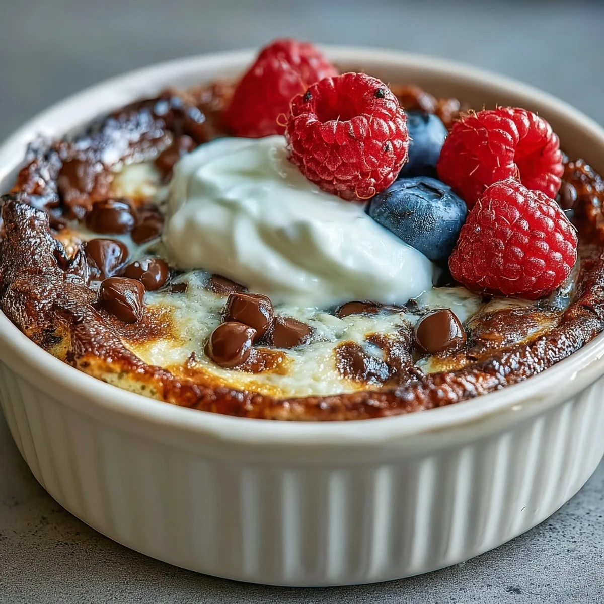 Nahrhaftes Baked Protein Pancake Bowl mit Knusper-Nüssen und Ahornsirup, warm und direkt aus der Schüssel.