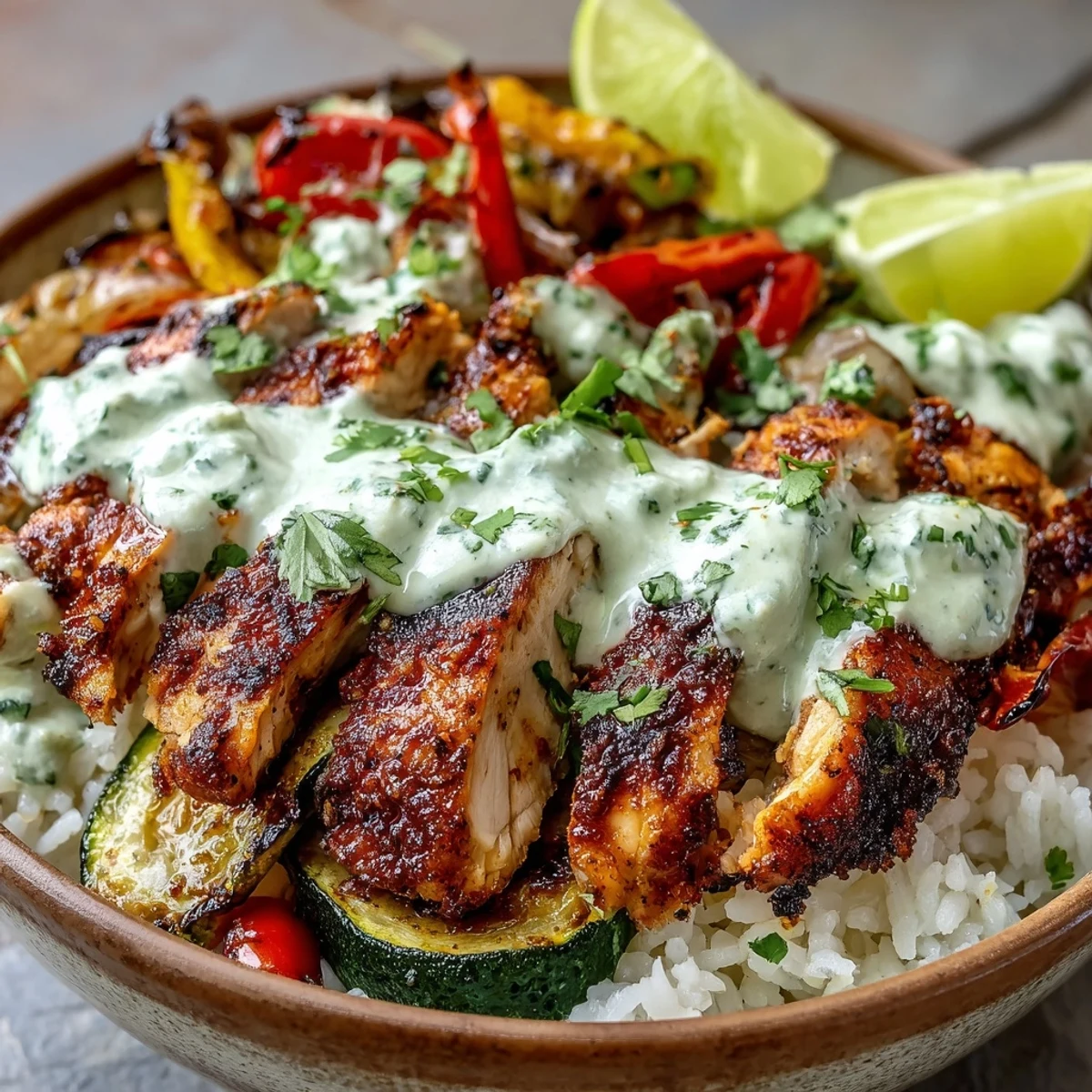 Schwarz gebratene Hähnchenbrust auf fluffyem Reis mit bunten gedünsteten Gemüsen und einem frischen Limettencrema-Topping.