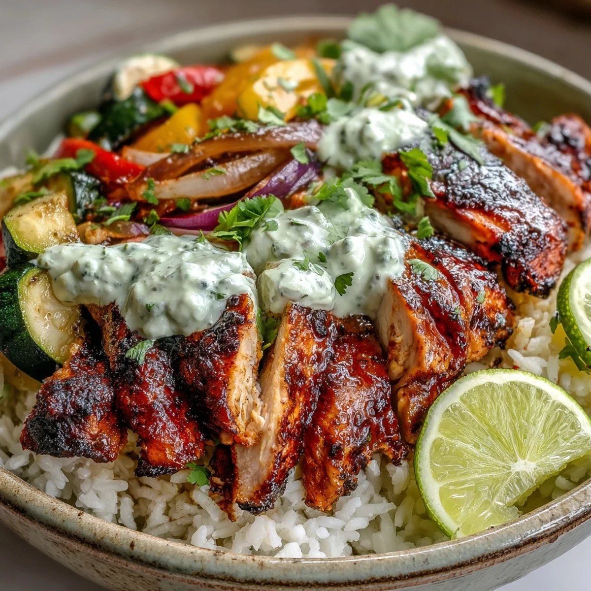 Sättigende Blackened Chicken Schüssel mit knusprigem Hähnchen, saftigem Gemüse und einem frischen Zitronen-Hauch.